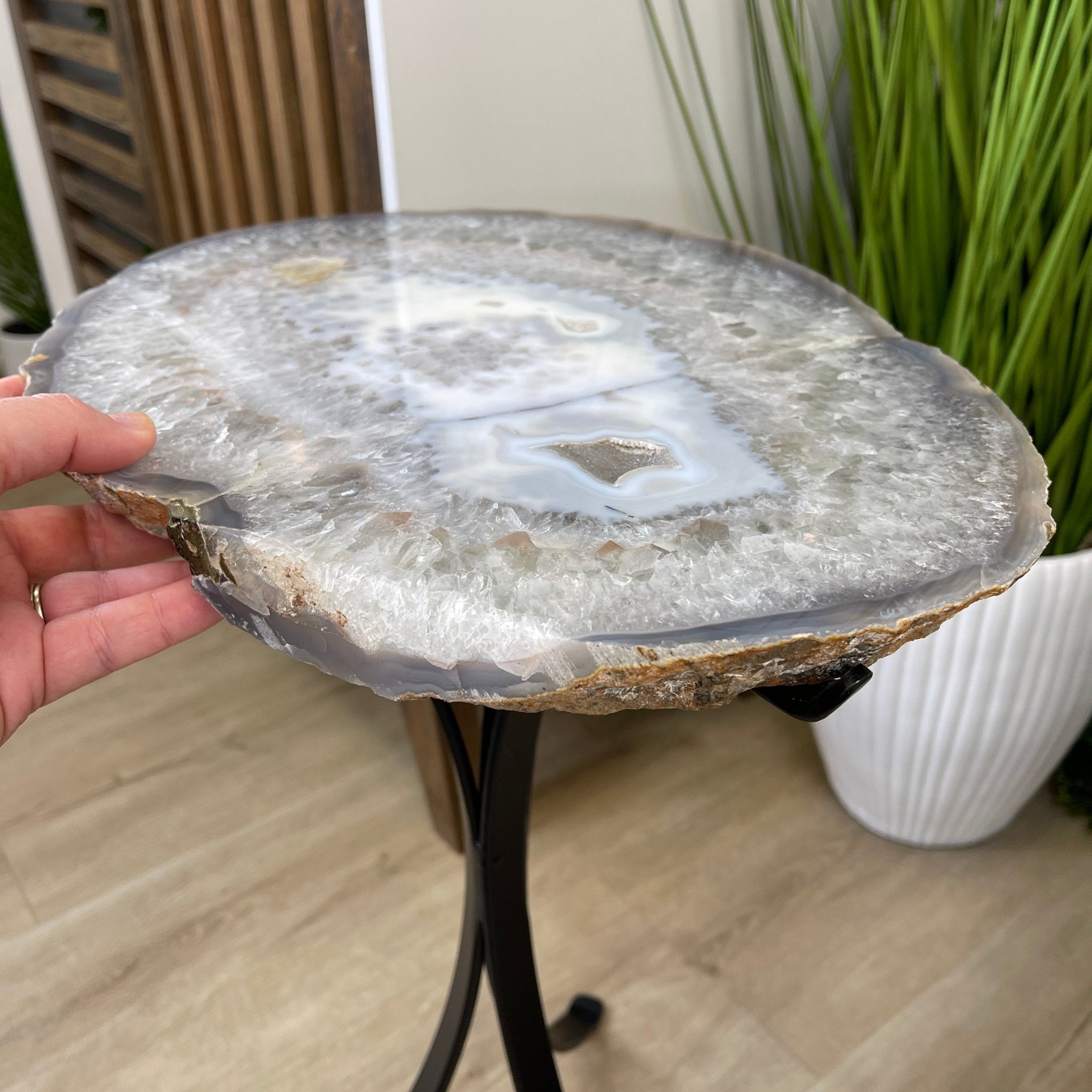 Natural Brazilian Agate Side Table, single slice on a black metal base, 21.75" tall #1305-0137 by Brazil Gems - Brazil GemsBrazil GemsNatural Brazilian Agate Side Table, single slice on a black metal base, 21.75" tall #1305-0137 by Brazil GemsTables: Side1305-0137
