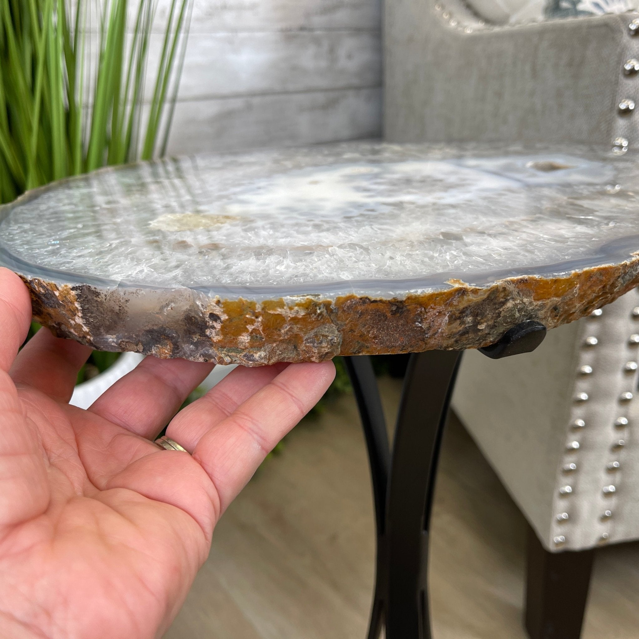 Natural Brazilian Agate Side Table, single slice on a black metal base, 21.75" tall #1305-0137 by Brazil Gems - Brazil GemsBrazil GemsNatural Brazilian Agate Side Table, single slice on a black metal base, 21.75" tall #1305-0137 by Brazil GemsTables: Side1305-0137