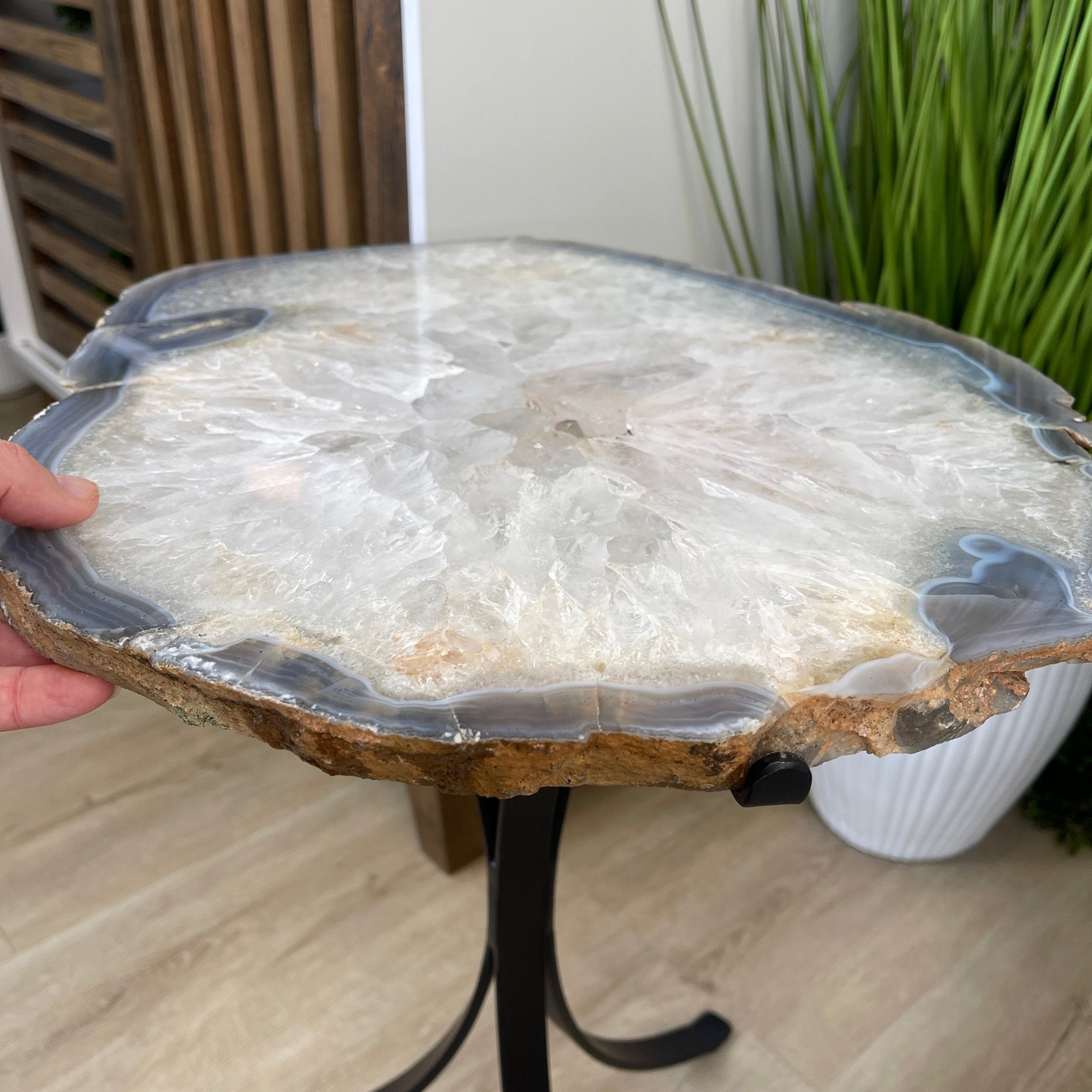 Natural Brazilian Agate Side Table, single slice on a black metal base, 21.75" tall #1305-0143 by Brazil Gems - Brazil GemsBrazil GemsNatural Brazilian Agate Side Table, single slice on a black metal base, 21.75" tall #1305-0143 by Brazil GemsTables: Side1305-0143