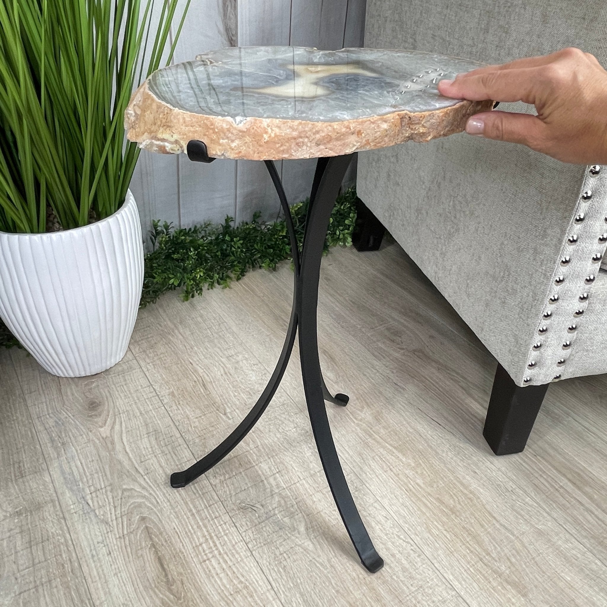 Natural Brazilian Agate Side Table, single slice on a black metal base, 22" tall #1305-0101 by Brazil Gems - Brazil GemsBrazil GemsNatural Brazilian Agate Side Table, single slice on a black metal base, 22" tall #1305-0101 by Brazil GemsTables: Side1305-0101