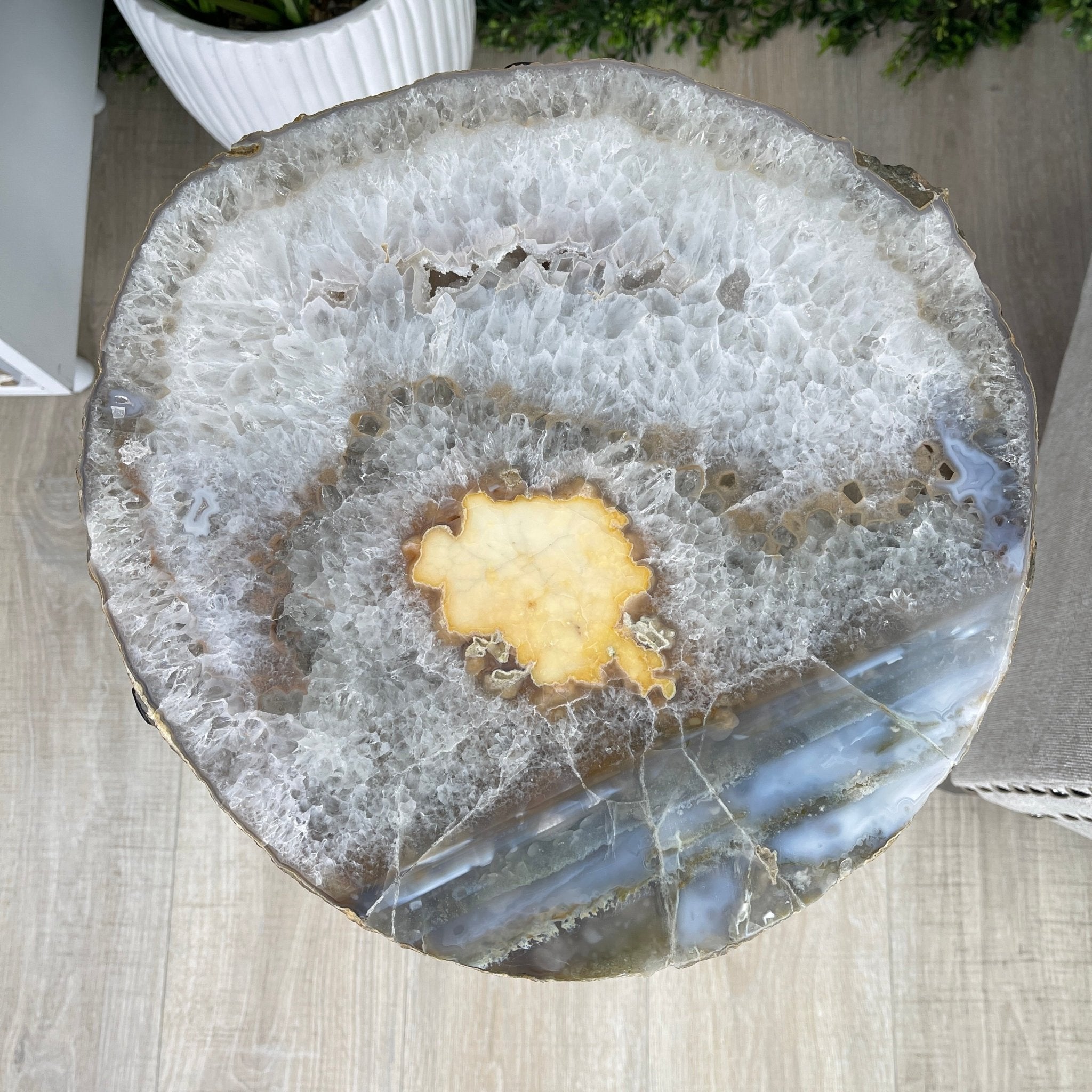 Natural Brazilian Agate Side Table, single slice on a black metal base, 22" tall #1305-0103 by Brazil Gems - Brazil GemsBrazil GemsNatural Brazilian Agate Side Table, single slice on a black metal base, 22" tall #1305-0103 by Brazil GemsTables: Side1305-0103