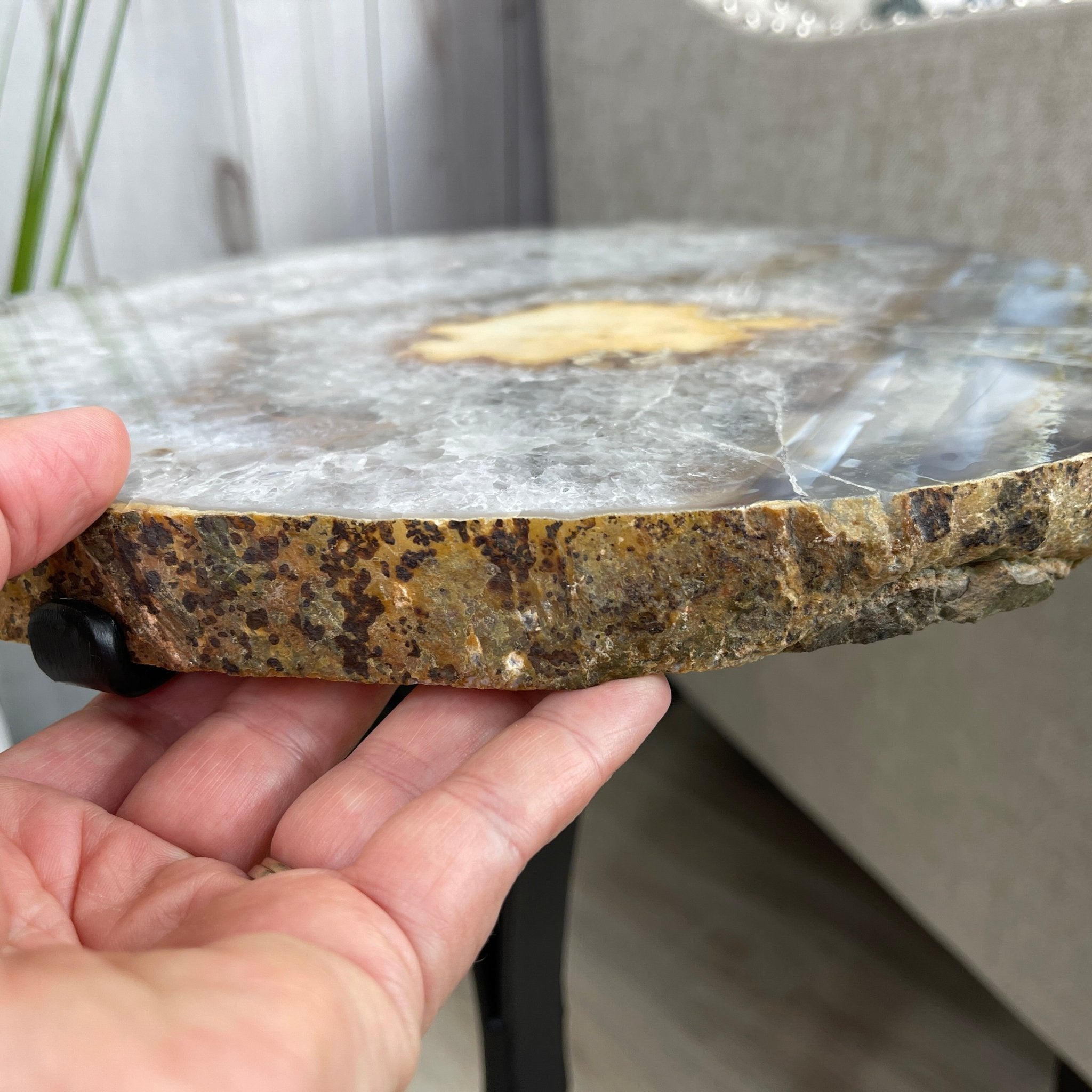 Natural Brazilian Agate Side Table, single slice on a black metal base, 22" tall #1305-0103 by Brazil Gems - Brazil GemsBrazil GemsNatural Brazilian Agate Side Table, single slice on a black metal base, 22" tall #1305-0103 by Brazil GemsTables: Side1305-0103