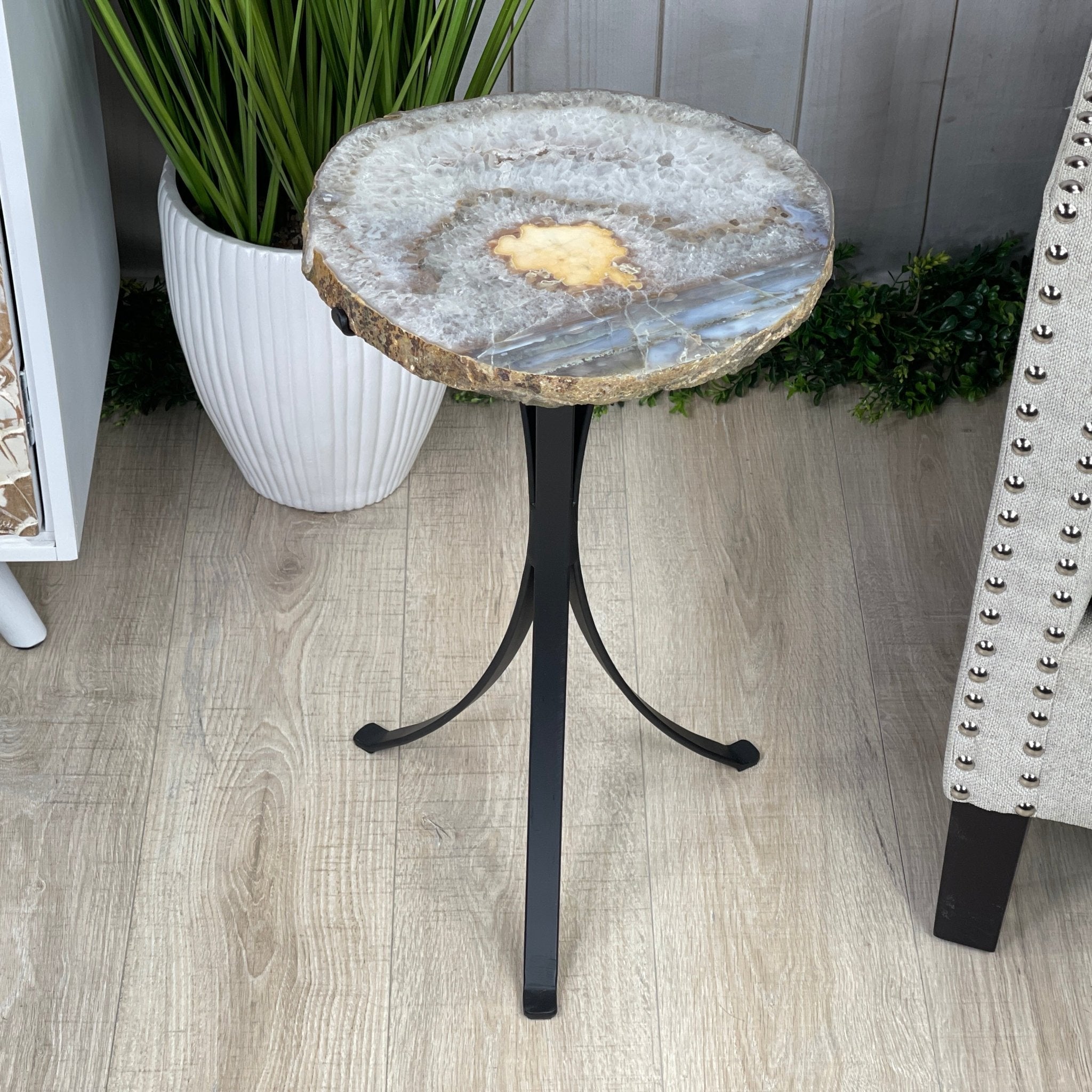 Natural Brazilian Agate Side Table, single slice on a black metal base, 22" tall #1305-0103 by Brazil Gems - Brazil GemsBrazil GemsNatural Brazilian Agate Side Table, single slice on a black metal base, 22" tall #1305-0103 by Brazil GemsTables: Side1305-0103