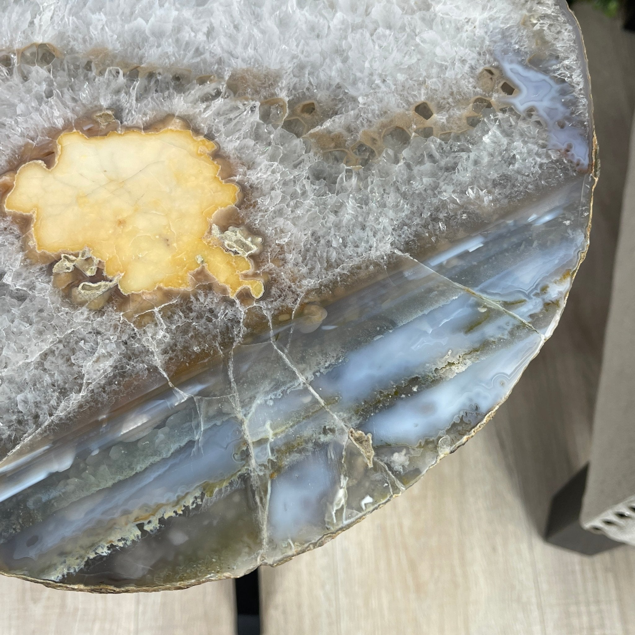 Natural Brazilian Agate Side Table, single slice on a black metal base, 22" tall #1305-0103 by Brazil Gems - Brazil GemsBrazil GemsNatural Brazilian Agate Side Table, single slice on a black metal base, 22" tall #1305-0103 by Brazil GemsTables: Side1305-0103