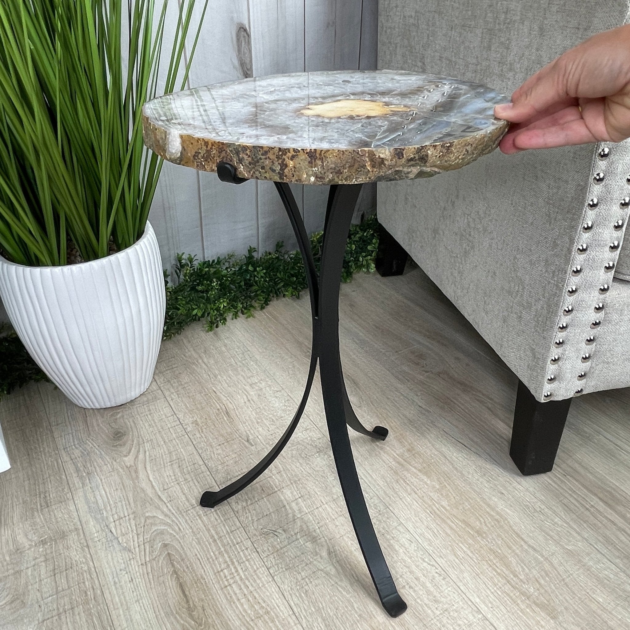 Natural Brazilian Agate Side Table, single slice on a black metal base, 22" tall #1305-0103 by Brazil Gems - Brazil GemsBrazil GemsNatural Brazilian Agate Side Table, single slice on a black metal base, 22" tall #1305-0103 by Brazil GemsTables: Side1305-0103