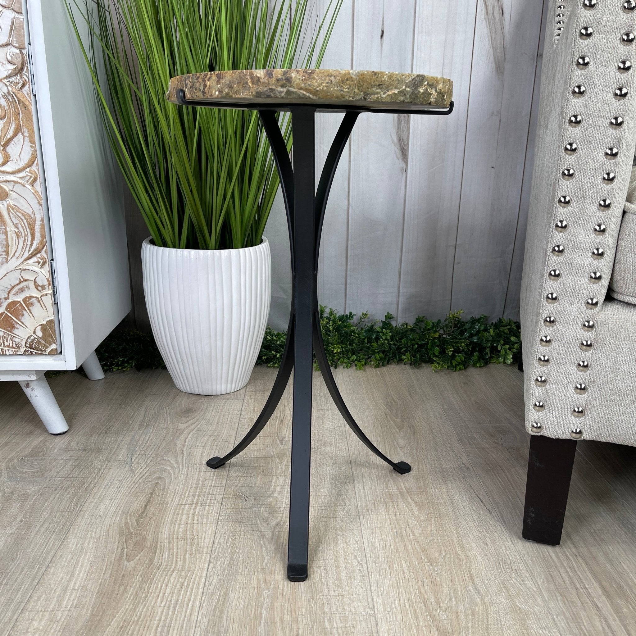 Natural Brazilian Agate Side Table, single slice on a black metal base, 22" tall #1305-0103 by Brazil Gems - Brazil GemsBrazil GemsNatural Brazilian Agate Side Table, single slice on a black metal base, 22" tall #1305-0103 by Brazil GemsTables: Side1305-0103