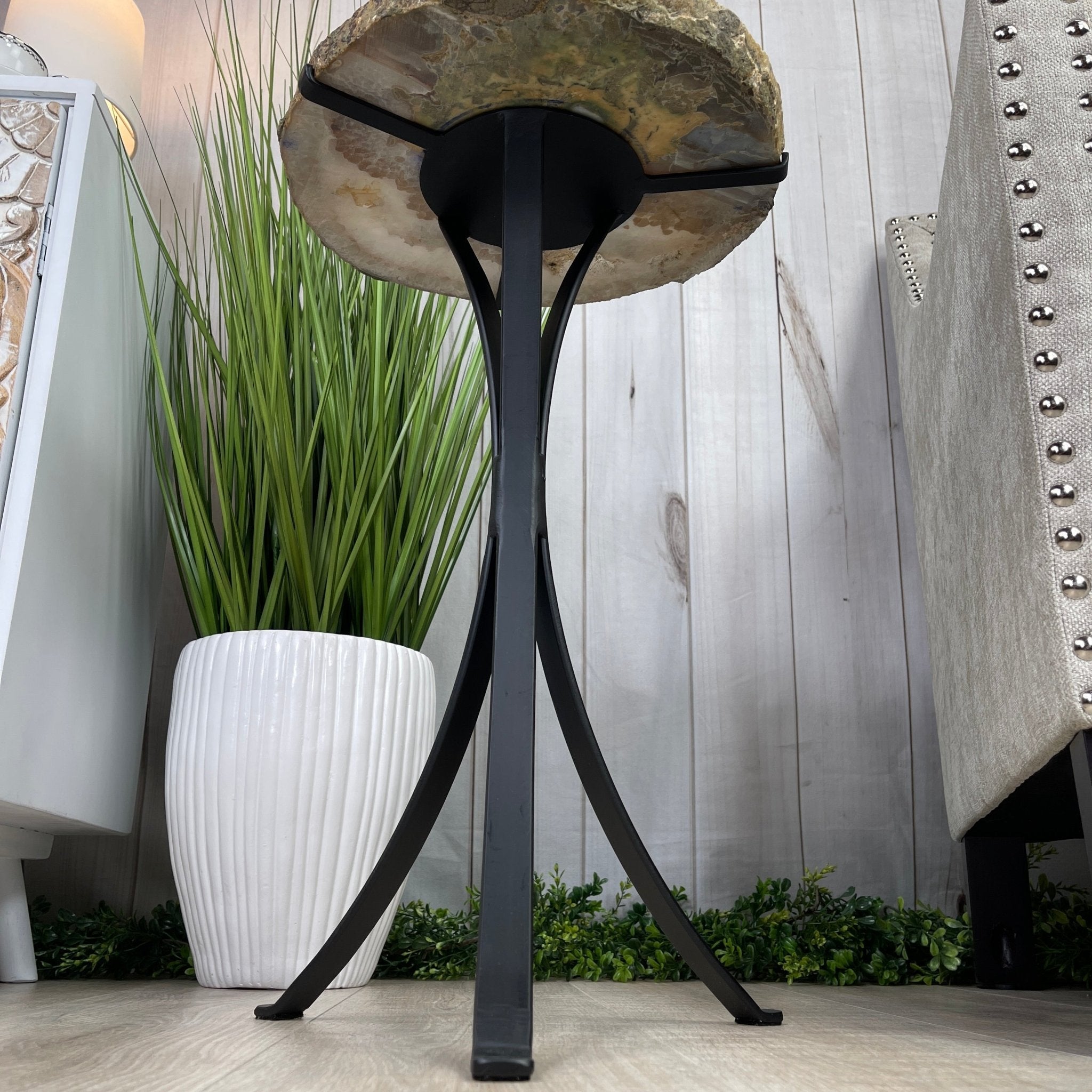 Natural Brazilian Agate Side Table, single slice on a black metal base, 22" tall #1305-0103 by Brazil Gems - Brazil GemsBrazil GemsNatural Brazilian Agate Side Table, single slice on a black metal base, 22" tall #1305-0103 by Brazil GemsTables: Side1305-0103