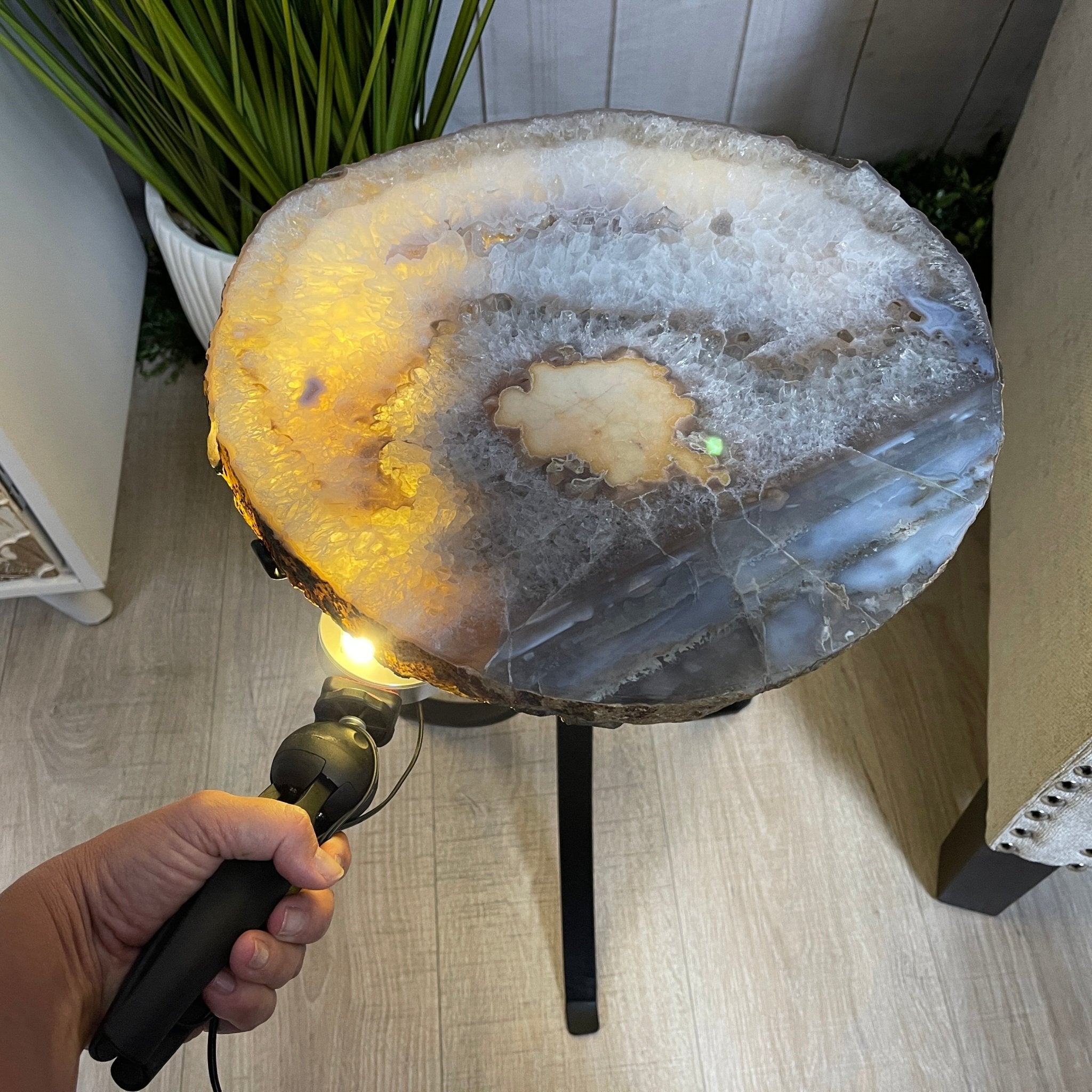 Natural Brazilian Agate Side Table, single slice on a black metal base, 22" tall #1305-0103 by Brazil Gems - Brazil GemsBrazil GemsNatural Brazilian Agate Side Table, single slice on a black metal base, 22" tall #1305-0103 by Brazil GemsTables: Side1305-0103