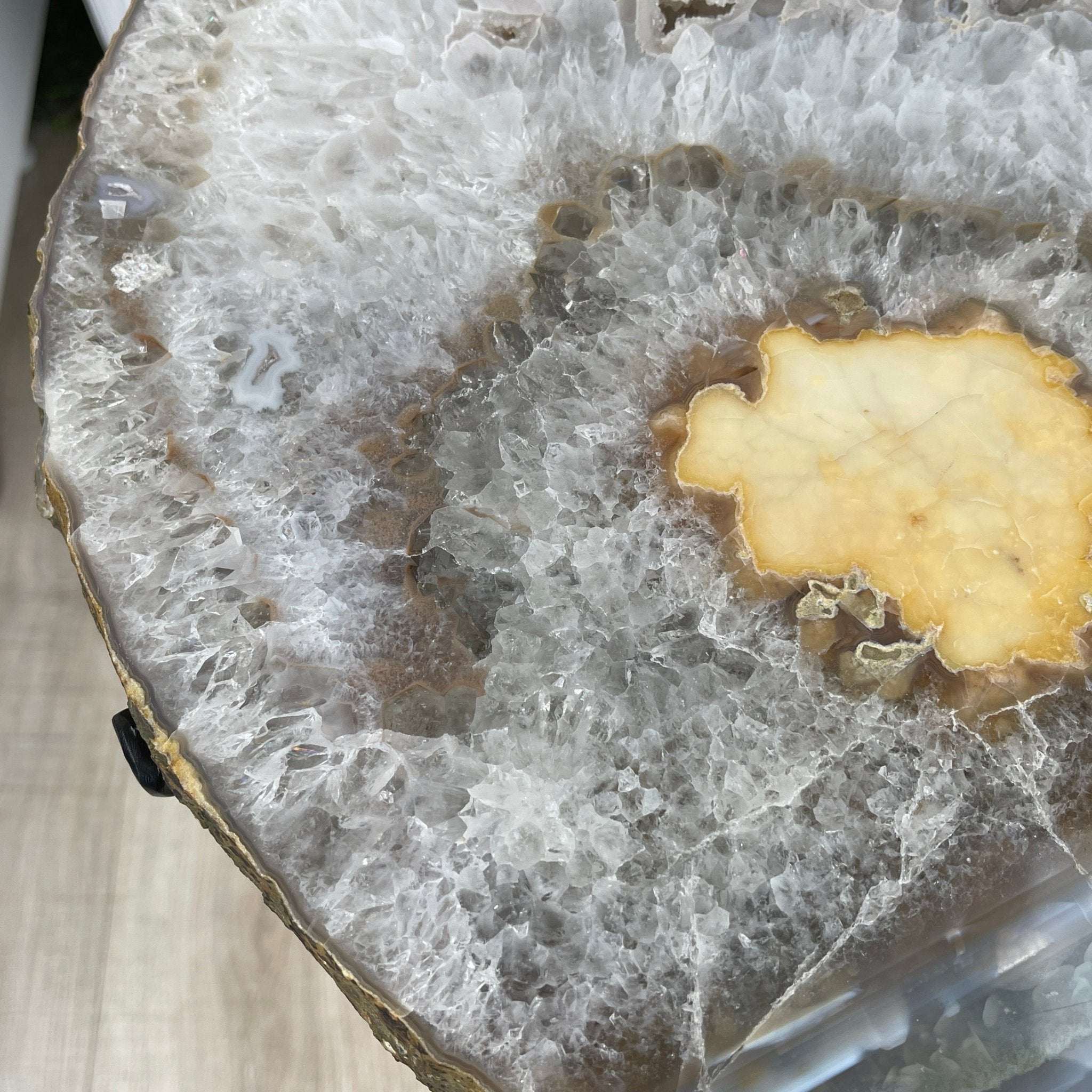 Natural Brazilian Agate Side Table, single slice on a black metal base, 22" tall #1305-0103 by Brazil Gems - Brazil GemsBrazil GemsNatural Brazilian Agate Side Table, single slice on a black metal base, 22" tall #1305-0103 by Brazil GemsTables: Side1305-0103