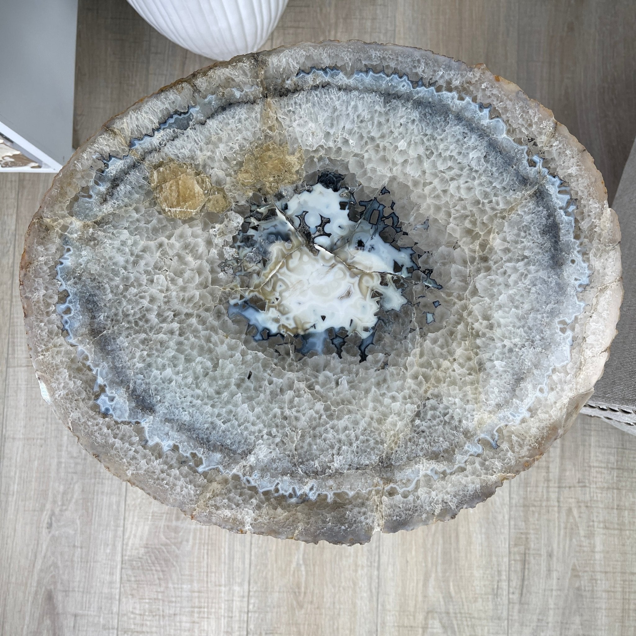 Natural Brazilian Agate Side Table, single slice on a black metal base, 22" tall #1305-0106 by Brazil Gems - Brazil GemsBrazil GemsNatural Brazilian Agate Side Table, single slice on a black metal base, 22" tall #1305-0106 by Brazil GemsTables: Side1305-0106