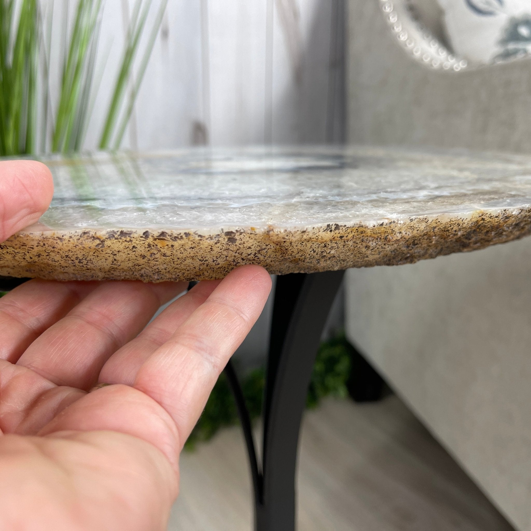 Natural Brazilian Agate Side Table, single slice on a black metal base, 22" tall #1305-0106 by Brazil Gems - Brazil GemsBrazil GemsNatural Brazilian Agate Side Table, single slice on a black metal base, 22" tall #1305-0106 by Brazil GemsTables: Side1305-0106