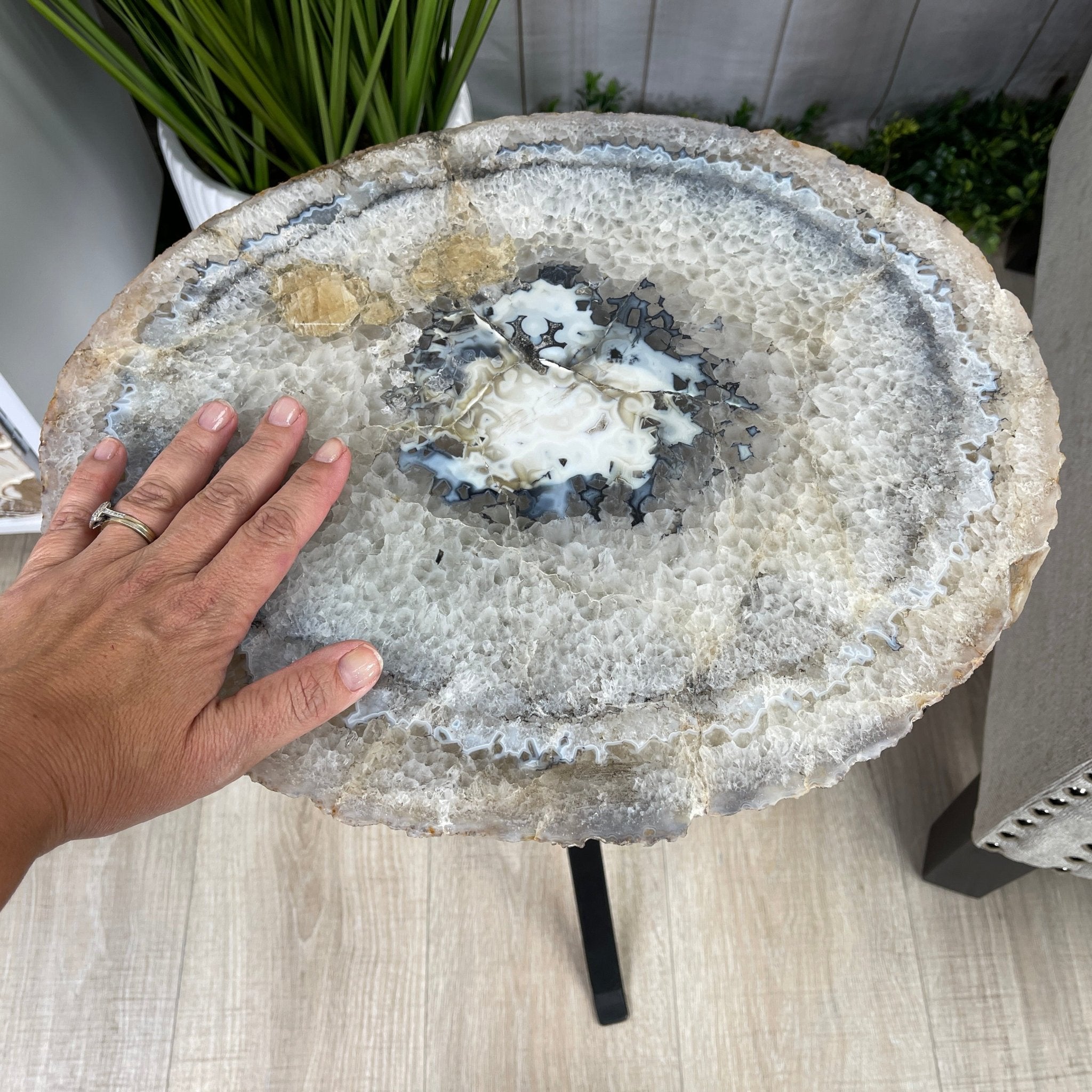 Natural Brazilian Agate Side Table, single slice on a black metal base, 22" tall #1305-0106 by Brazil Gems - Brazil GemsBrazil GemsNatural Brazilian Agate Side Table, single slice on a black metal base, 22" tall #1305-0106 by Brazil GemsTables: Side1305-0106