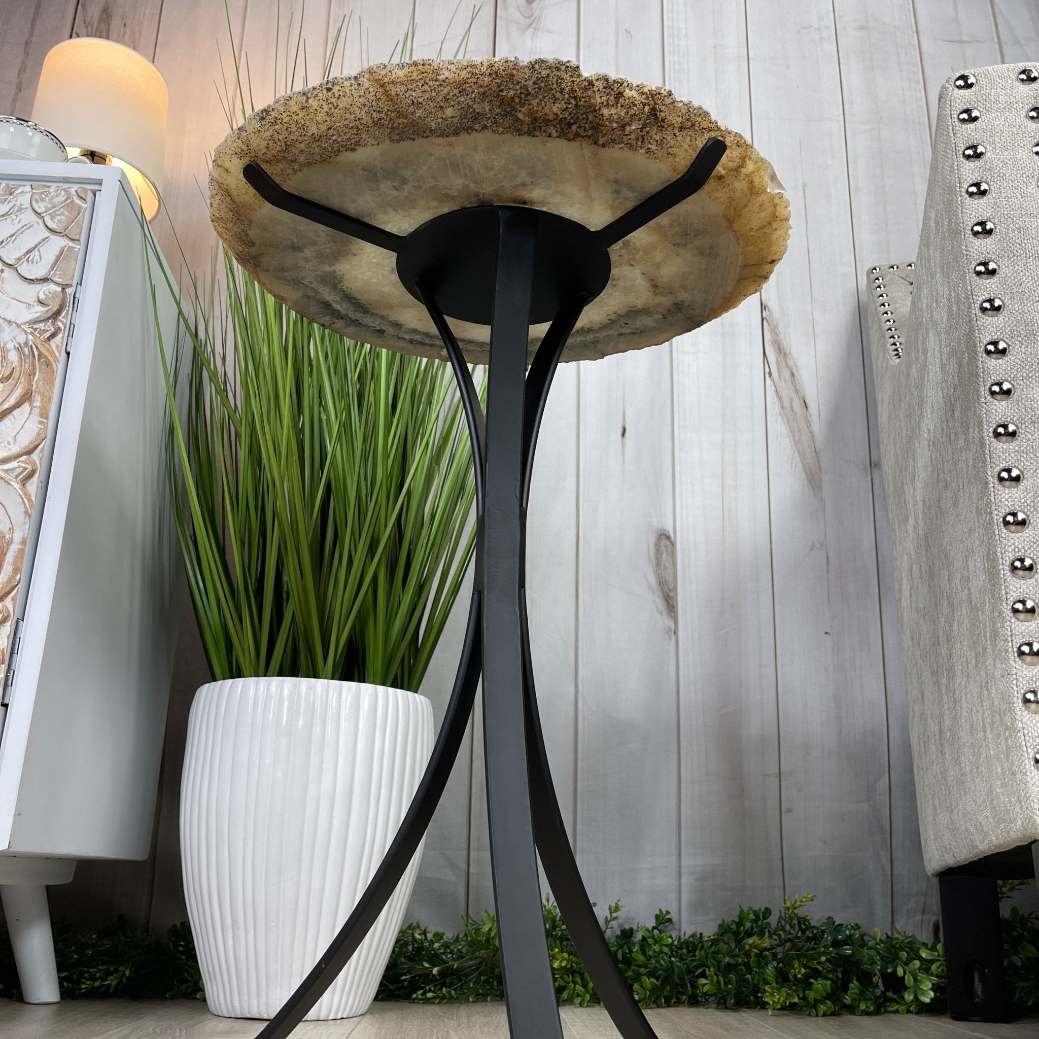 Natural Brazilian Agate Side Table, single slice on a black metal base, 22" tall #1305-0106 by Brazil Gems - Brazil GemsBrazil GemsNatural Brazilian Agate Side Table, single slice on a black metal base, 22" tall #1305-0106 by Brazil GemsTables: Side1305-0106