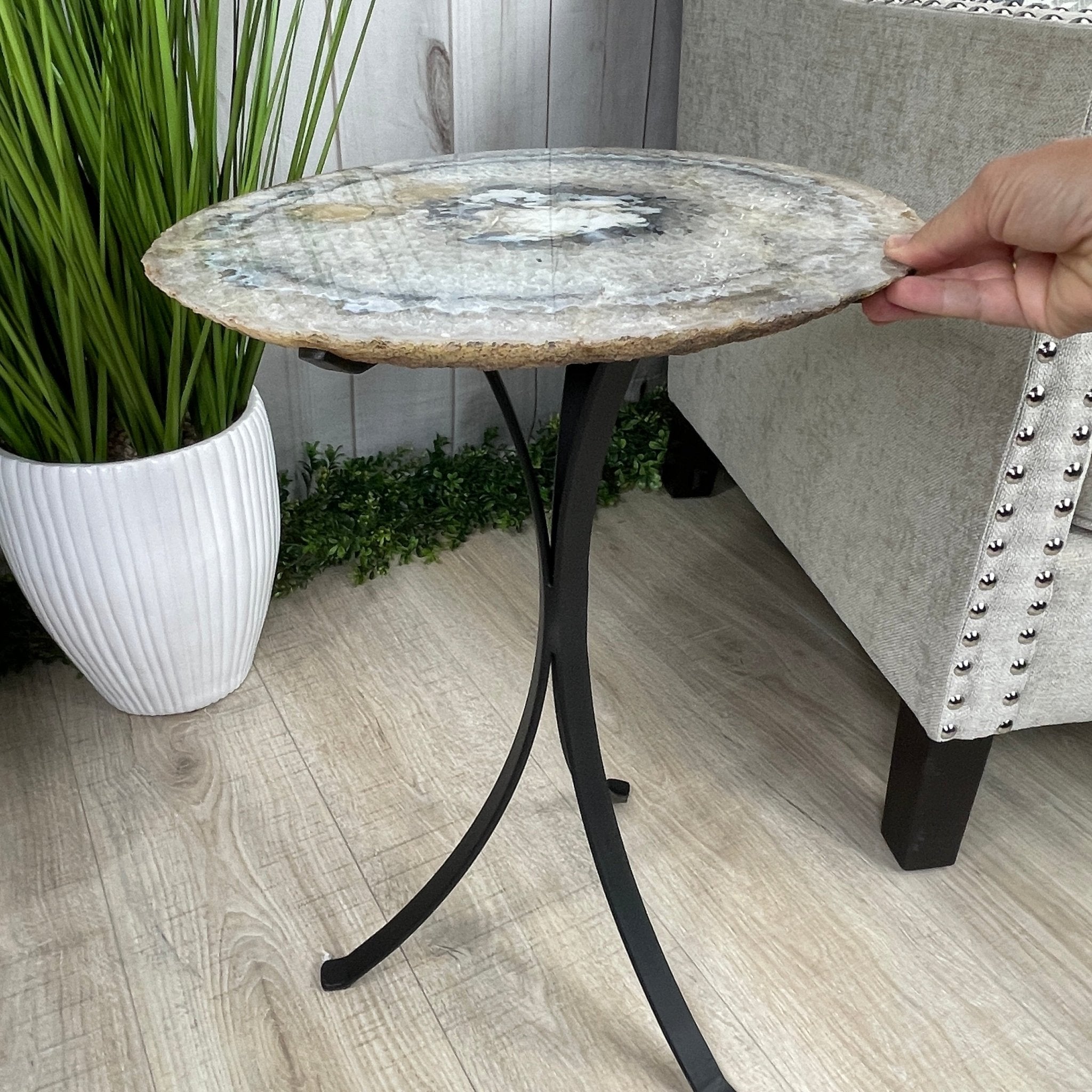 Natural Brazilian Agate Side Table, single slice on a black metal base, 22" tall #1305-0106 by Brazil Gems - Brazil GemsBrazil GemsNatural Brazilian Agate Side Table, single slice on a black metal base, 22" tall #1305-0106 by Brazil GemsTables: Side1305-0106