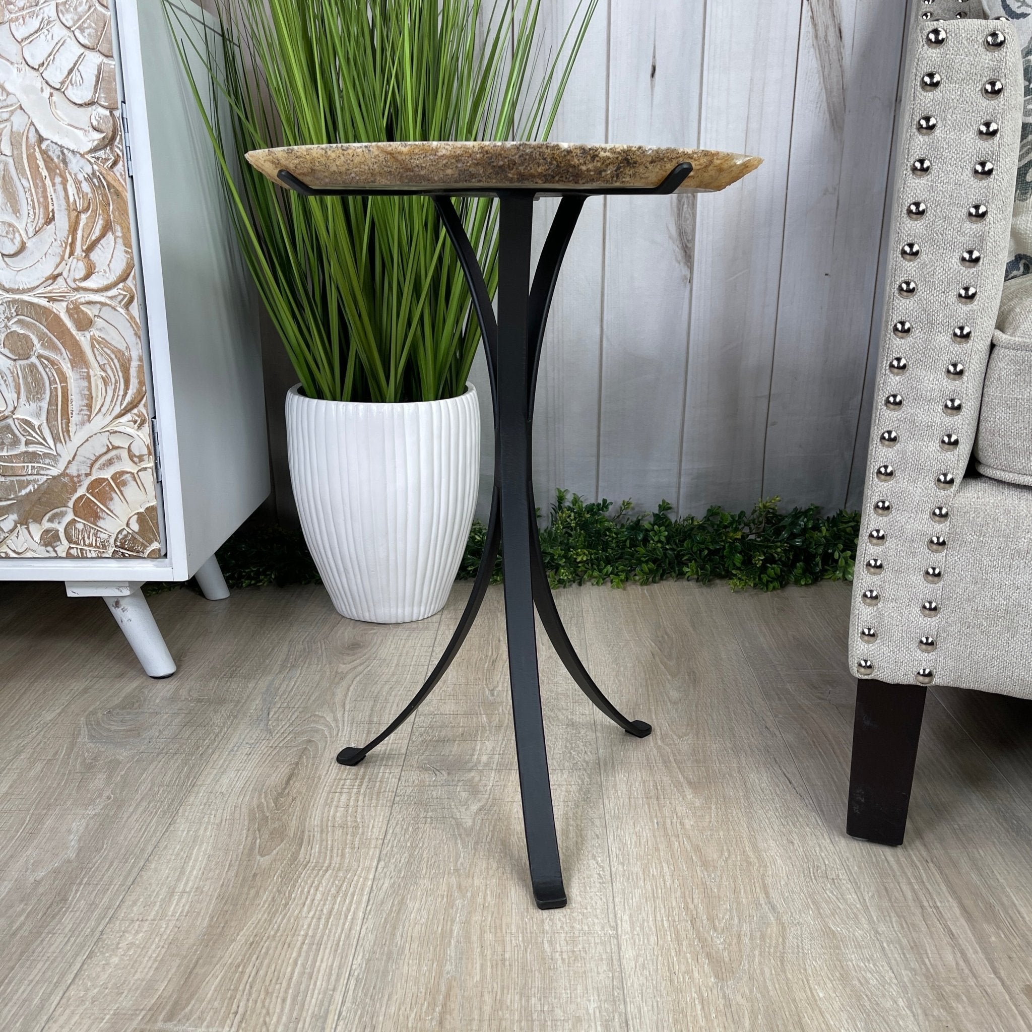 Natural Brazilian Agate Side Table, single slice on a black metal base, 22" tall #1305-0106 by Brazil Gems - Brazil GemsBrazil GemsNatural Brazilian Agate Side Table, single slice on a black metal base, 22" tall #1305-0106 by Brazil GemsTables: Side1305-0106