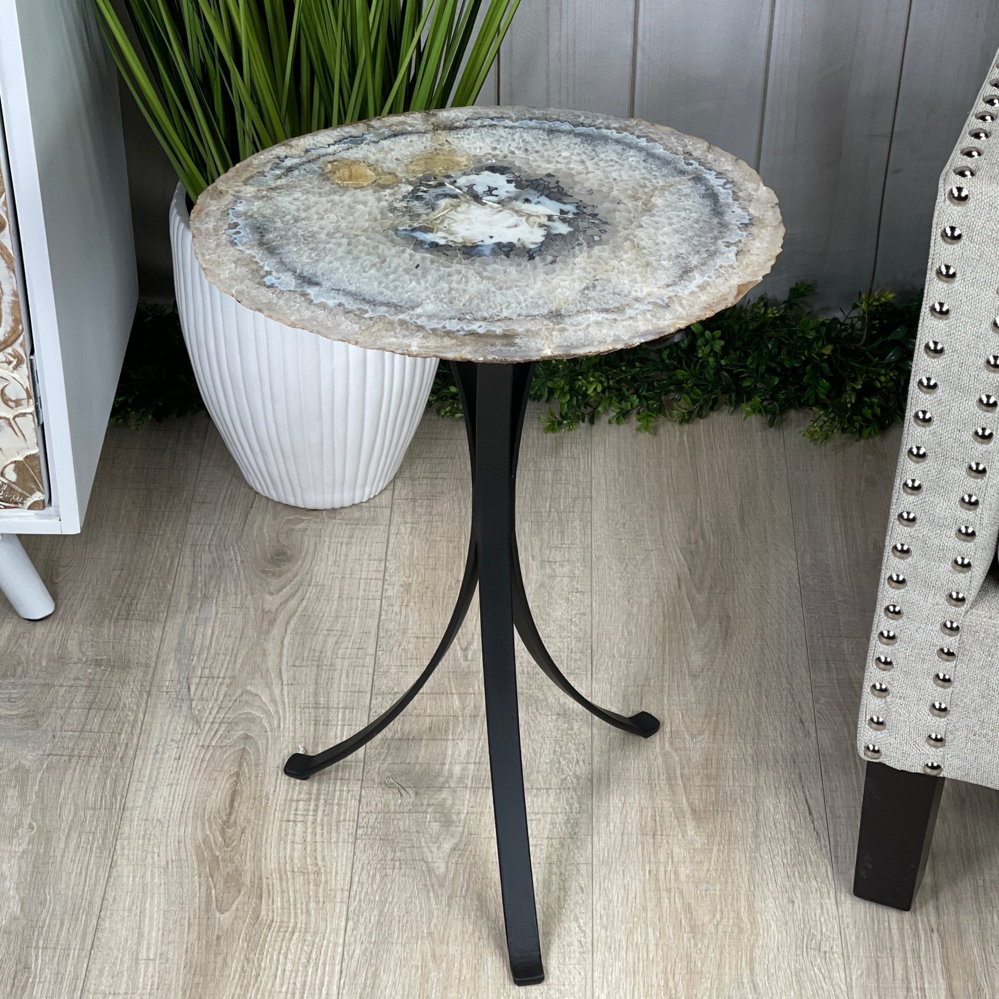 Natural Brazilian Agate Side Table, single slice on a black metal base, 22" tall #1305-0106 by Brazil Gems - Brazil GemsBrazil GemsNatural Brazilian Agate Side Table, single slice on a black metal base, 22" tall #1305-0106 by Brazil GemsTables: Side1305-0106