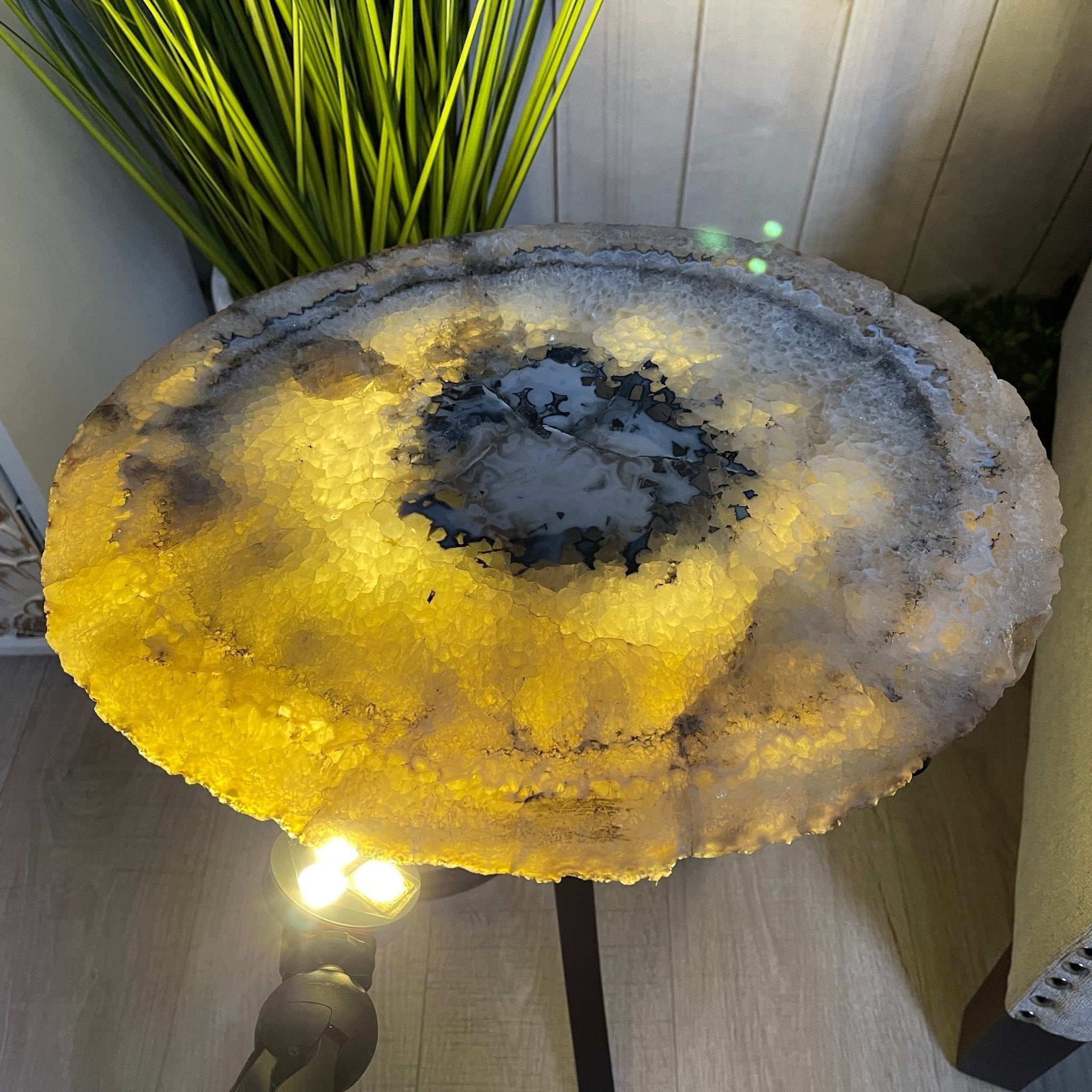 Natural Brazilian Agate Side Table, single slice on a black metal base, 22" tall #1305-0106 by Brazil Gems - Brazil GemsBrazil GemsNatural Brazilian Agate Side Table, single slice on a black metal base, 22" tall #1305-0106 by Brazil GemsTables: Side1305-0106