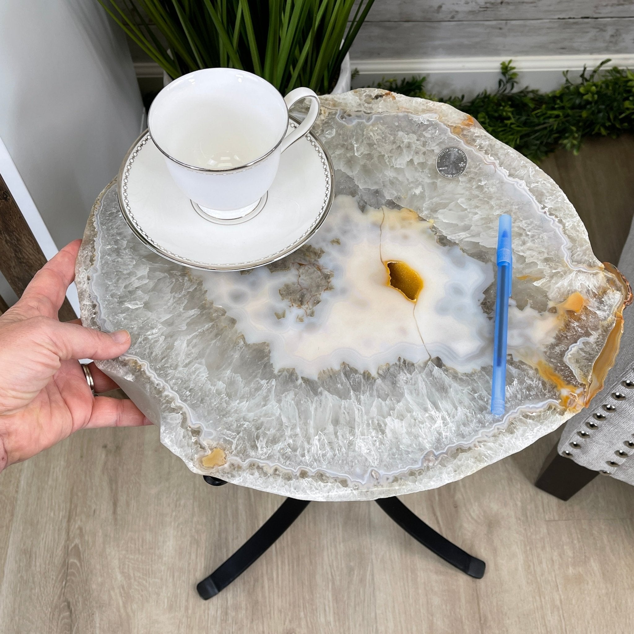 Natural Brazilian Agate Side Table, single slice on a black metal base, 22" tall #1305-0134 by Brazil Gems - Brazil GemsBrazil GemsNatural Brazilian Agate Side Table, single slice on a black metal base, 22" tall #1305-0134 by Brazil GemsTables: Side1305-0134