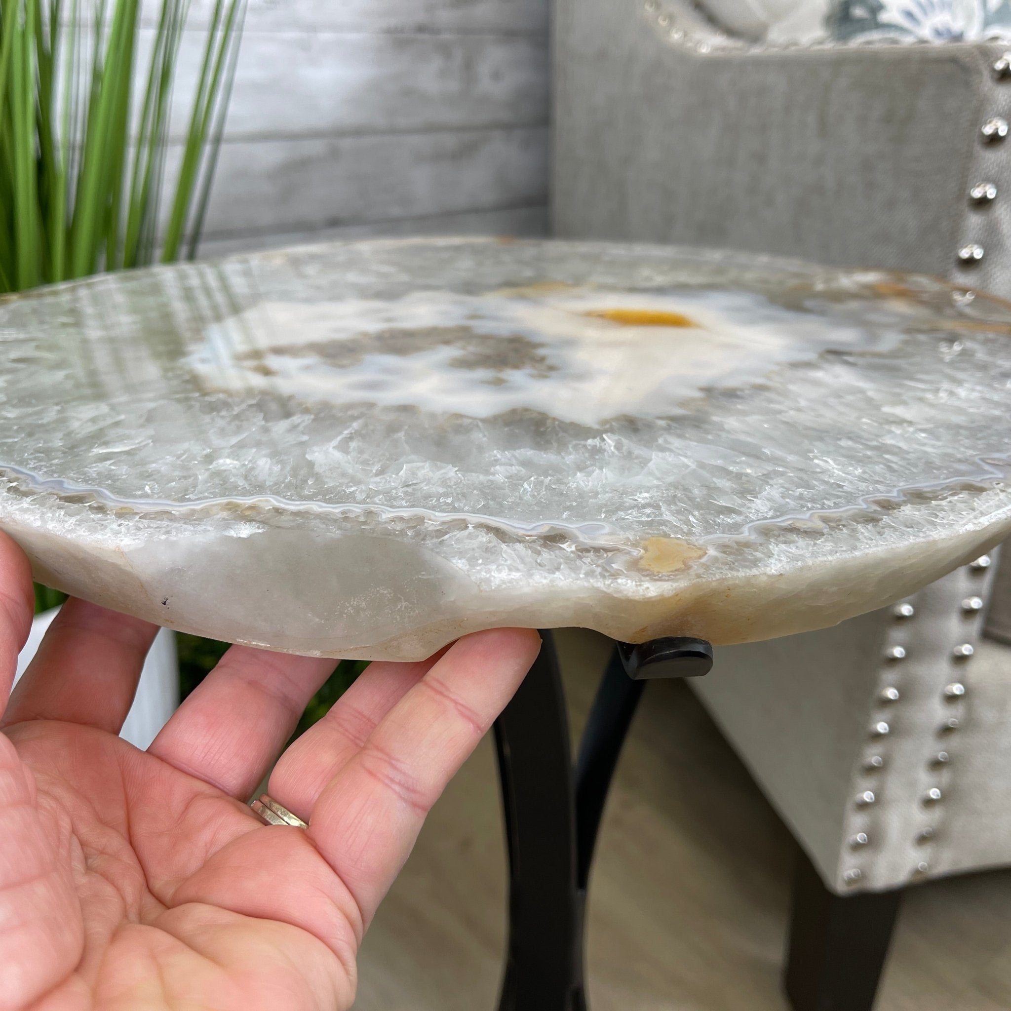 Natural Brazilian Agate Side Table, single slice on a black metal base, 22" tall #1305-0134 by Brazil Gems - Brazil GemsBrazil GemsNatural Brazilian Agate Side Table, single slice on a black metal base, 22" tall #1305-0134 by Brazil GemsTables: Side1305-0134