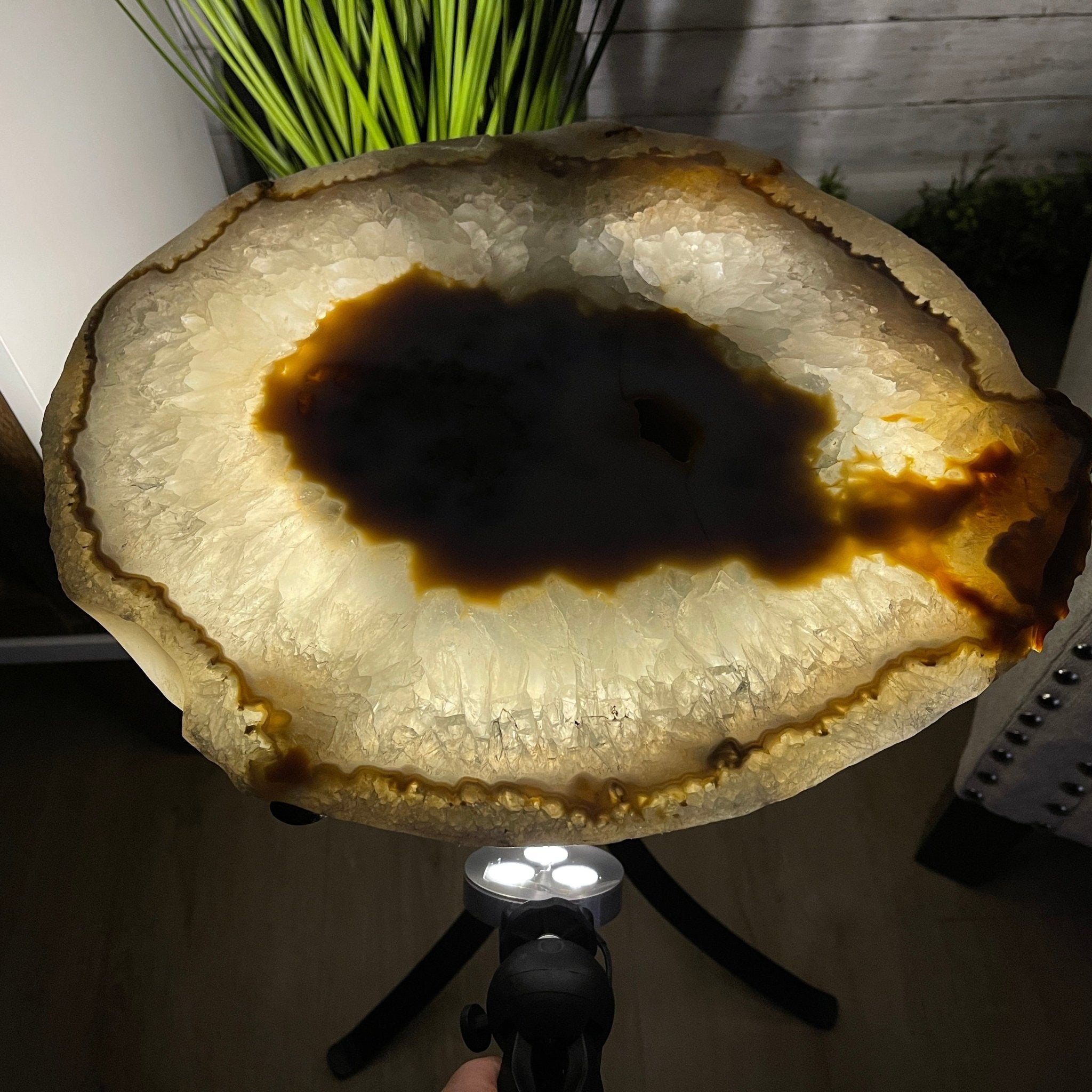 Natural Brazilian Agate Side Table, single slice on a black metal base, 22" tall #1305-0134 by Brazil Gems - Brazil GemsBrazil GemsNatural Brazilian Agate Side Table, single slice on a black metal base, 22" tall #1305-0134 by Brazil GemsTables: Side1305-0134