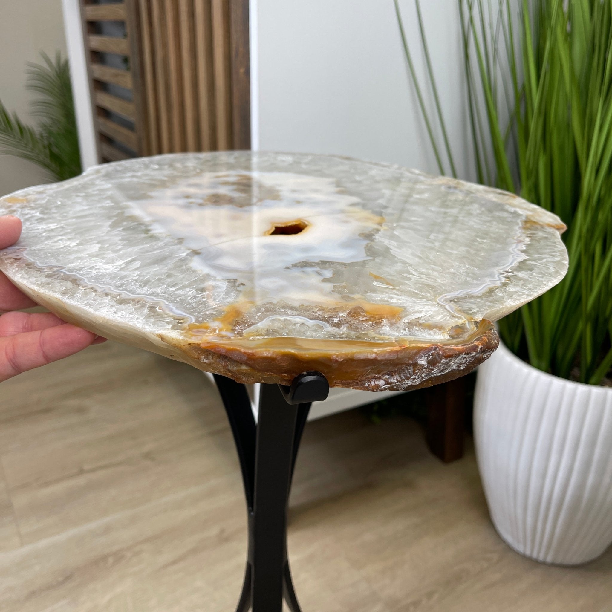 Natural Brazilian Agate Side Table, single slice on a black metal base, 22" tall #1305-0134 by Brazil Gems - Brazil GemsBrazil GemsNatural Brazilian Agate Side Table, single slice on a black metal base, 22" tall #1305-0134 by Brazil GemsTables: Side1305-0134