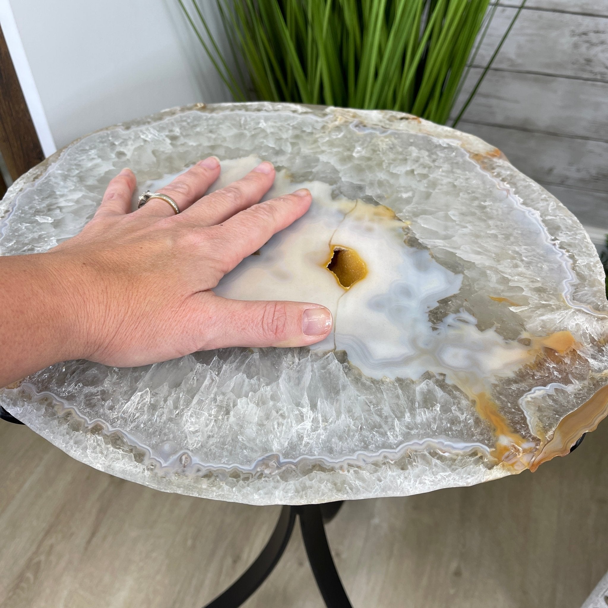 Natural Brazilian Agate Side Table, single slice on a black metal base, 22" tall #1305-0134 by Brazil Gems - Brazil GemsBrazil GemsNatural Brazilian Agate Side Table, single slice on a black metal base, 22" tall #1305-0134 by Brazil GemsTables: Side1305-0134