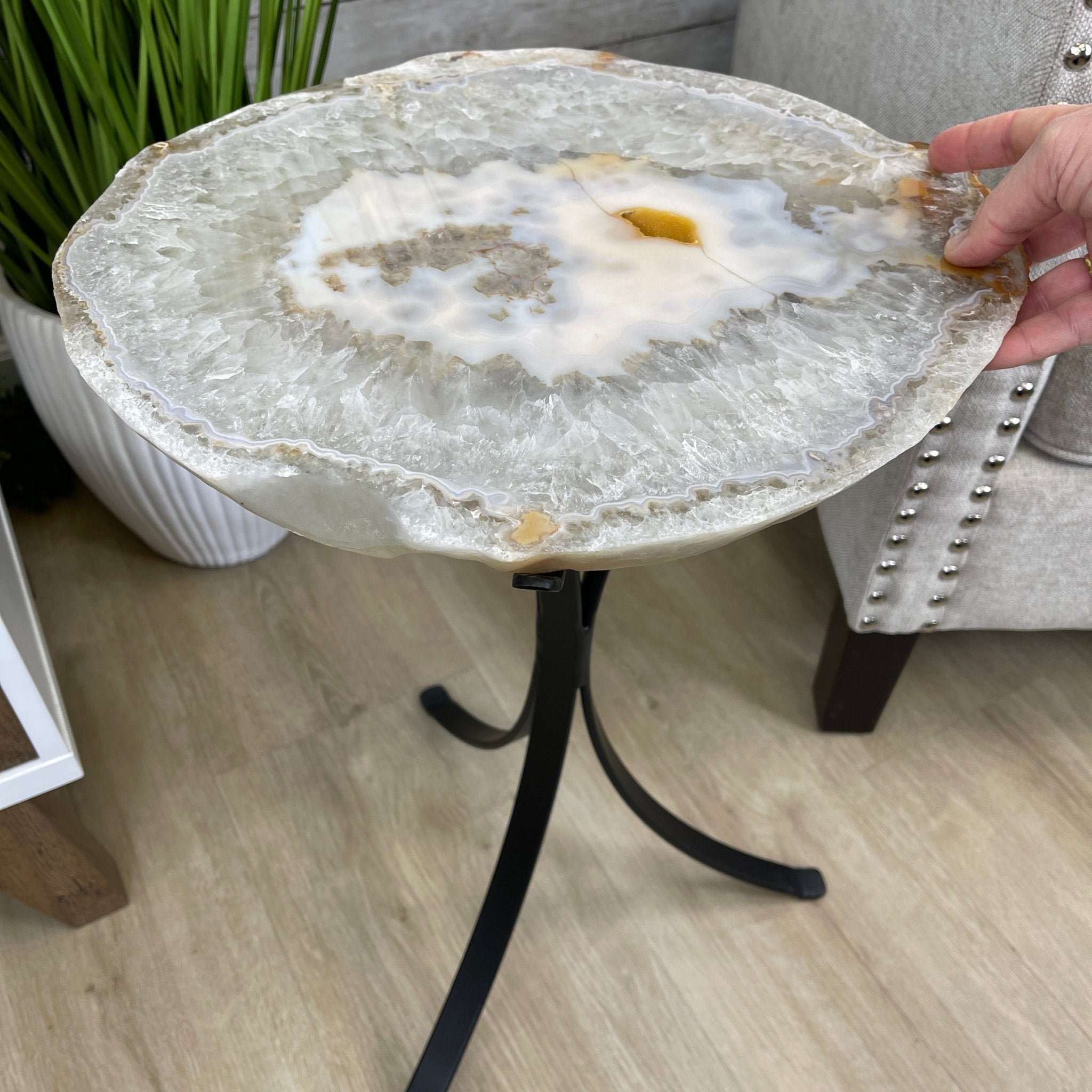 Natural Brazilian Agate Side Table, single slice on a black metal base, 22" tall #1305-0134 by Brazil Gems - Brazil GemsBrazil GemsNatural Brazilian Agate Side Table, single slice on a black metal base, 22" tall #1305-0134 by Brazil GemsTables: Side1305-0134