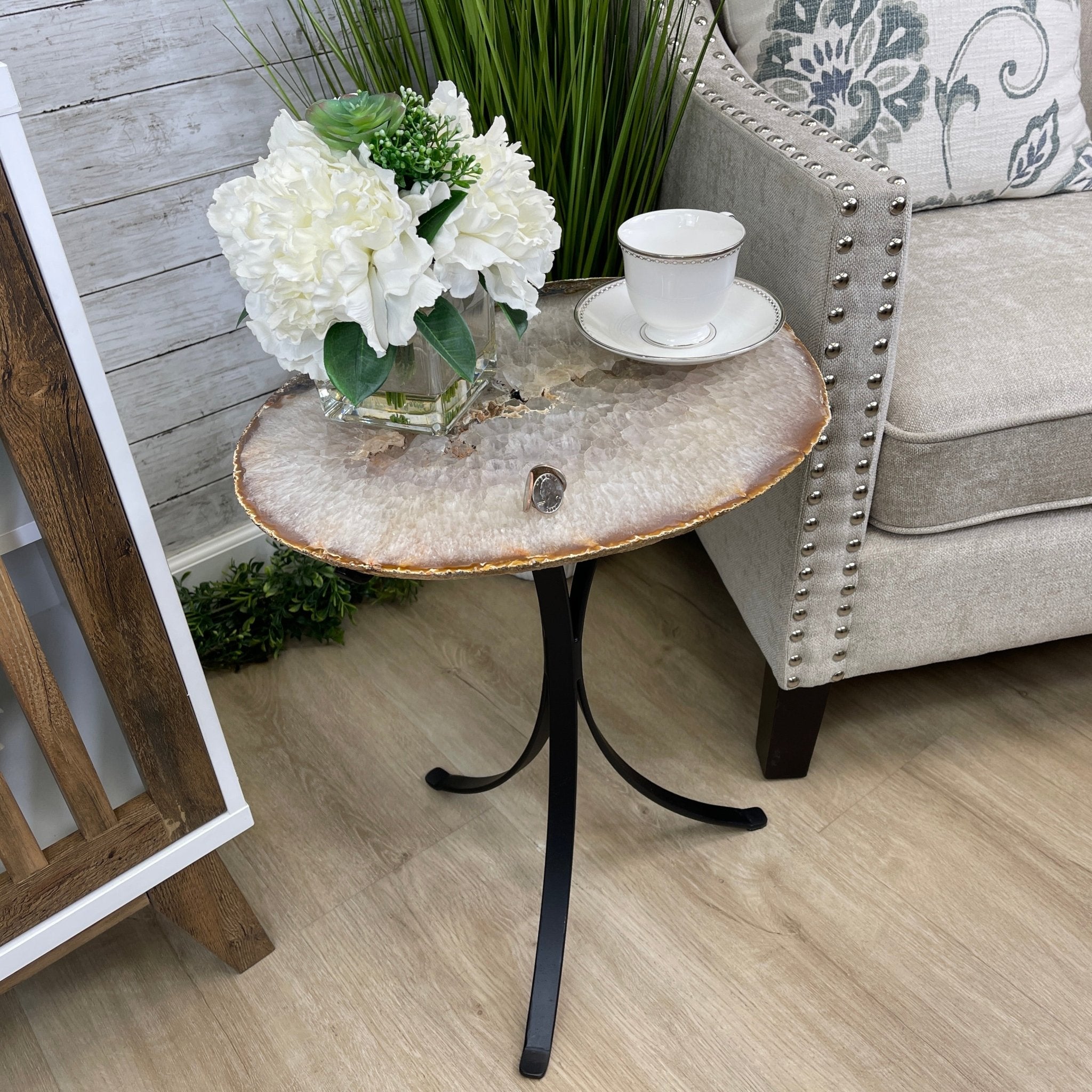 Natural Brazilian Agate Side Table, single slice on a black metal base, 22" tall #1306-0032 by Brazil Gems - Brazil GemsBrazil GemsNatural Brazilian Agate Side Table, single slice on a black metal base, 22" tall #1306-0032 by Brazil GemsTables: Side1306-0032