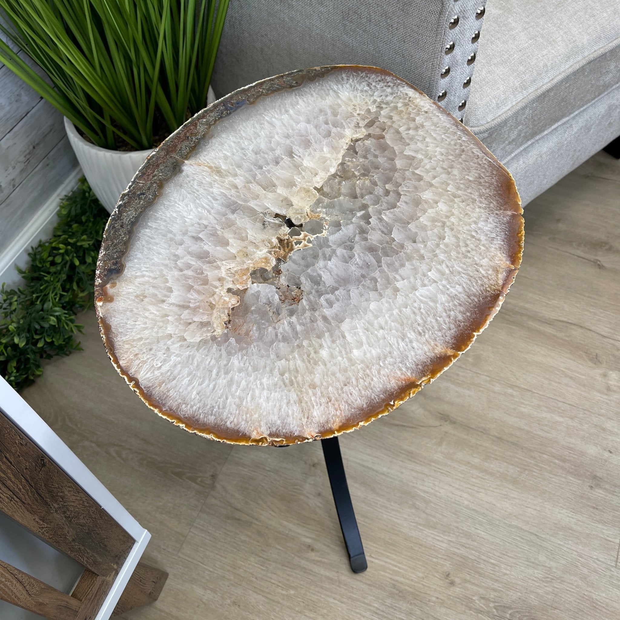 Natural Brazilian Agate Side Table, single slice on a black metal base, 22" tall #1306-0032 by Brazil Gems - Brazil GemsBrazil GemsNatural Brazilian Agate Side Table, single slice on a black metal base, 22" tall #1306-0032 by Brazil GemsTables: Side1306-0032