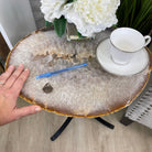 Natural Brazilian Agate Side Table, single slice on a black metal base, 22" tall #1306-0032 by Brazil Gems - Brazil GemsBrazil GemsNatural Brazilian Agate Side Table, single slice on a black metal base, 22" tall #1306-0032 by Brazil GemsTables: Side1306-0032