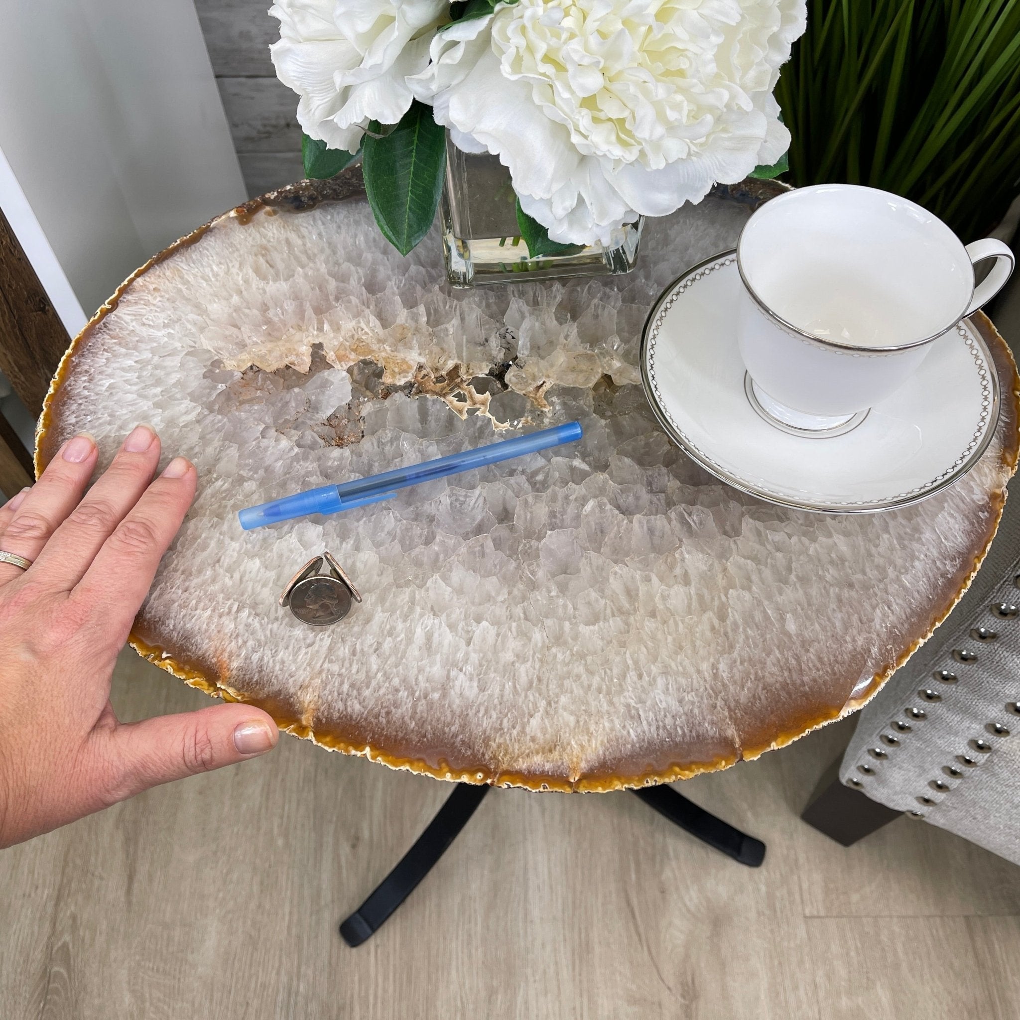Natural Brazilian Agate Side Table, single slice on a black metal base, 22" tall #1306-0032 by Brazil Gems - Brazil GemsBrazil GemsNatural Brazilian Agate Side Table, single slice on a black metal base, 22" tall #1306-0032 by Brazil GemsTables: Side1306-0032