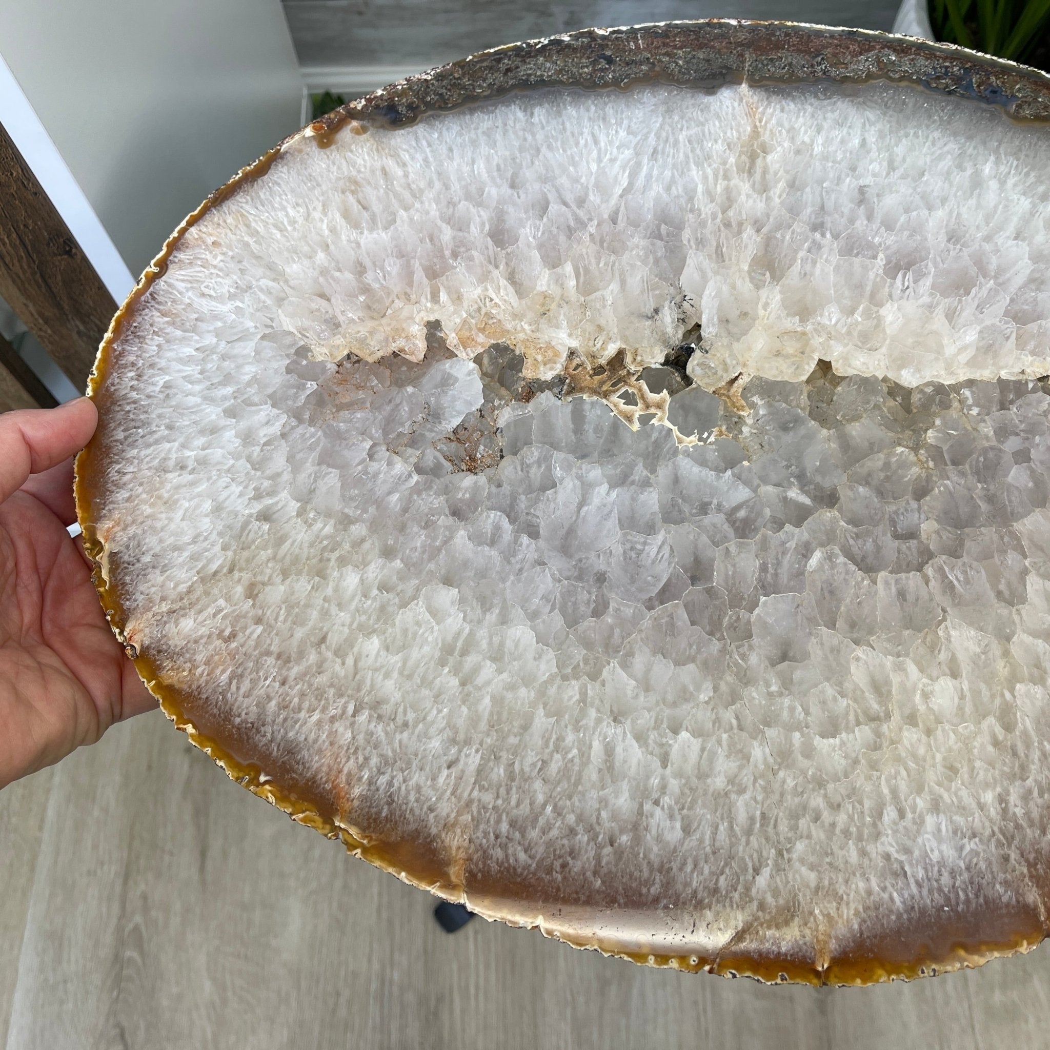 Natural Brazilian Agate Side Table, single slice on a black metal base, 22" tall #1306-0032 by Brazil Gems - Brazil GemsBrazil GemsNatural Brazilian Agate Side Table, single slice on a black metal base, 22" tall #1306-0032 by Brazil GemsTables: Side1306-0032