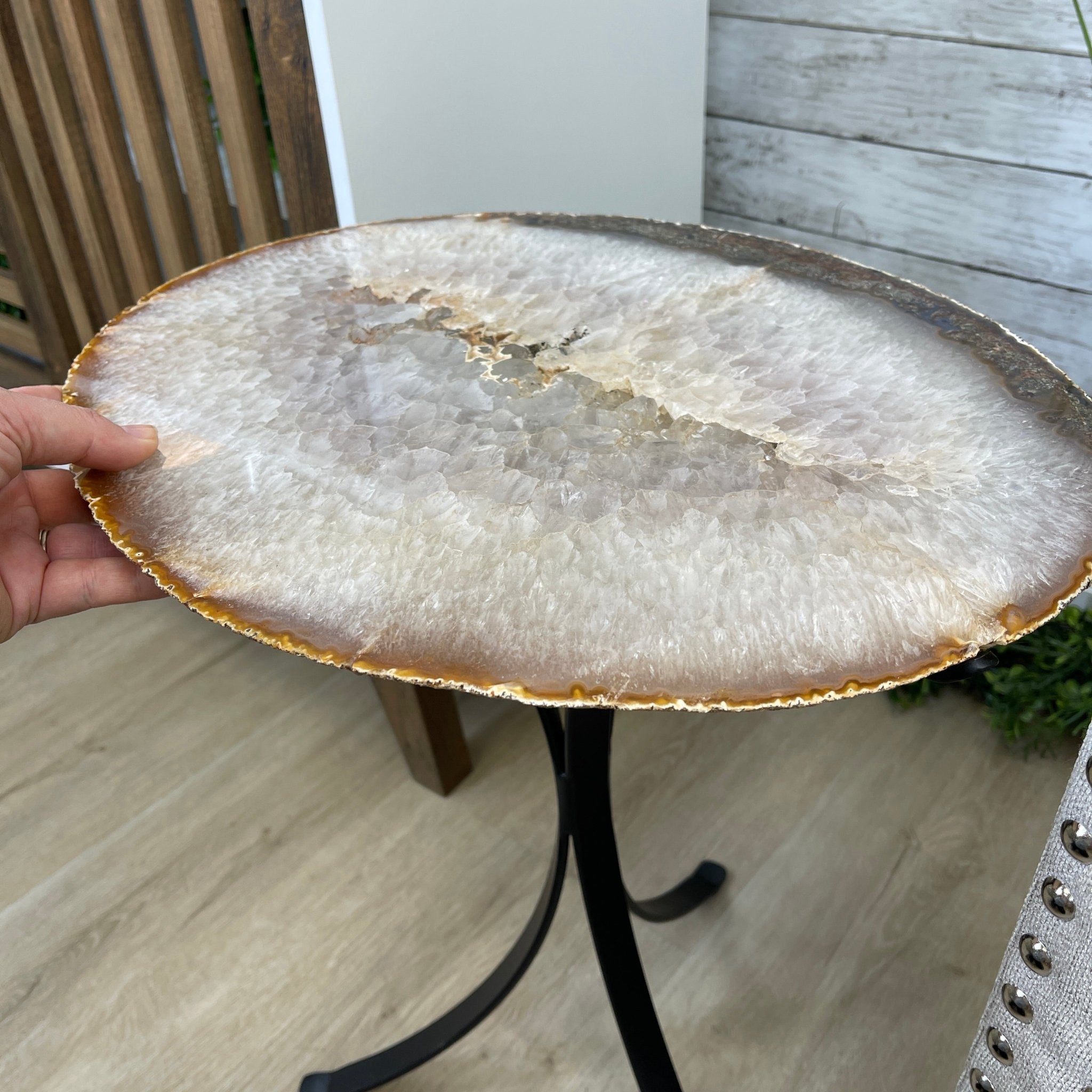 Natural Brazilian Agate Side Table, single slice on a black metal base, 22" tall #1306-0032 by Brazil Gems - Brazil GemsBrazil GemsNatural Brazilian Agate Side Table, single slice on a black metal base, 22" tall #1306-0032 by Brazil GemsTables: Side1306-0032