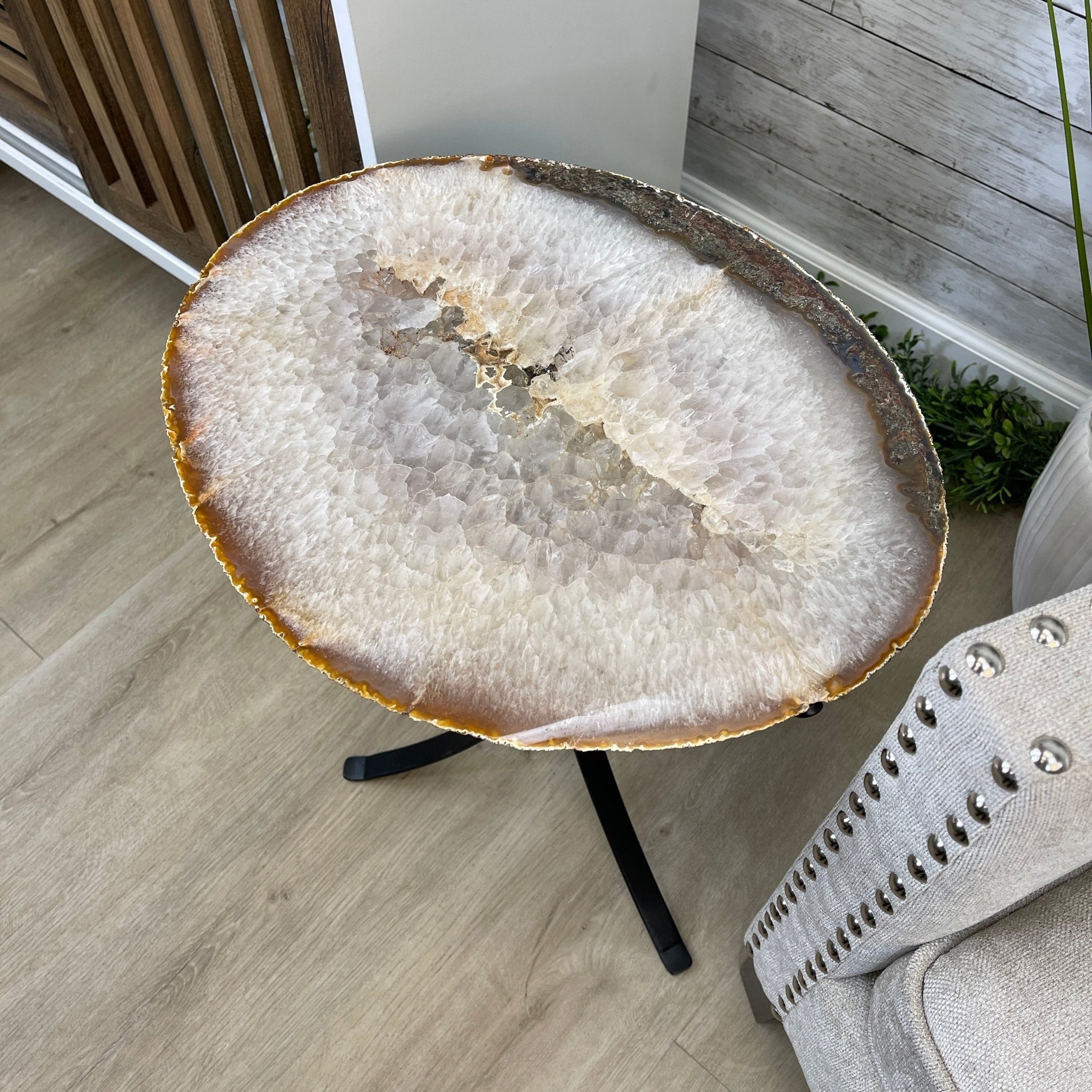 Natural Brazilian Agate Side Table, single slice on a black metal base, 22" tall #1306-0032 by Brazil Gems - Brazil GemsBrazil GemsNatural Brazilian Agate Side Table, single slice on a black metal base, 22" tall #1306-0032 by Brazil GemsTables: Side1306-0032