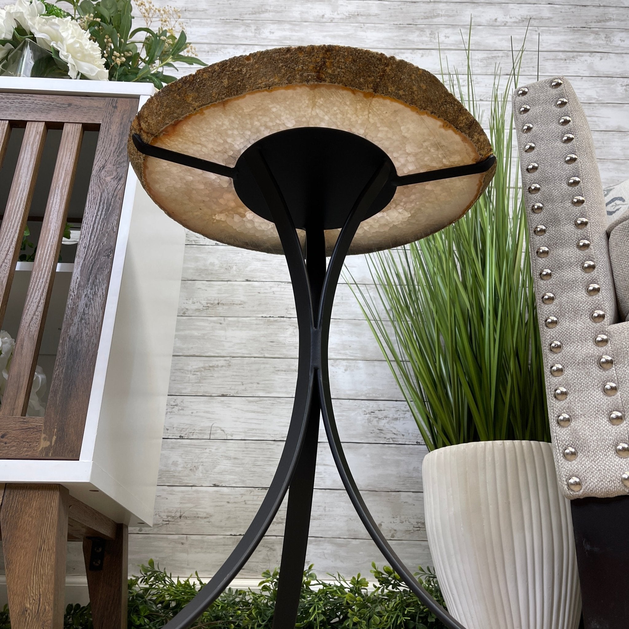 Natural Brazilian Agate Side Table, single slice on a black metal base, 22" tall #1306-0032 by Brazil Gems - Brazil GemsBrazil GemsNatural Brazilian Agate Side Table, single slice on a black metal base, 22" tall #1306-0032 by Brazil GemsTables: Side1306-0032