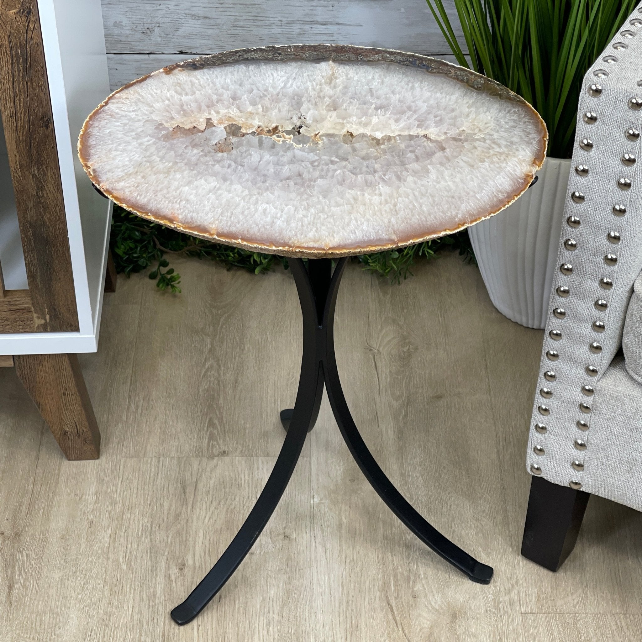 Natural Brazilian Agate Side Table, single slice on a black metal base, 22" tall #1306-0032 by Brazil Gems - Brazil GemsBrazil GemsNatural Brazilian Agate Side Table, single slice on a black metal base, 22" tall #1306-0032 by Brazil GemsTables: Side1306-0032