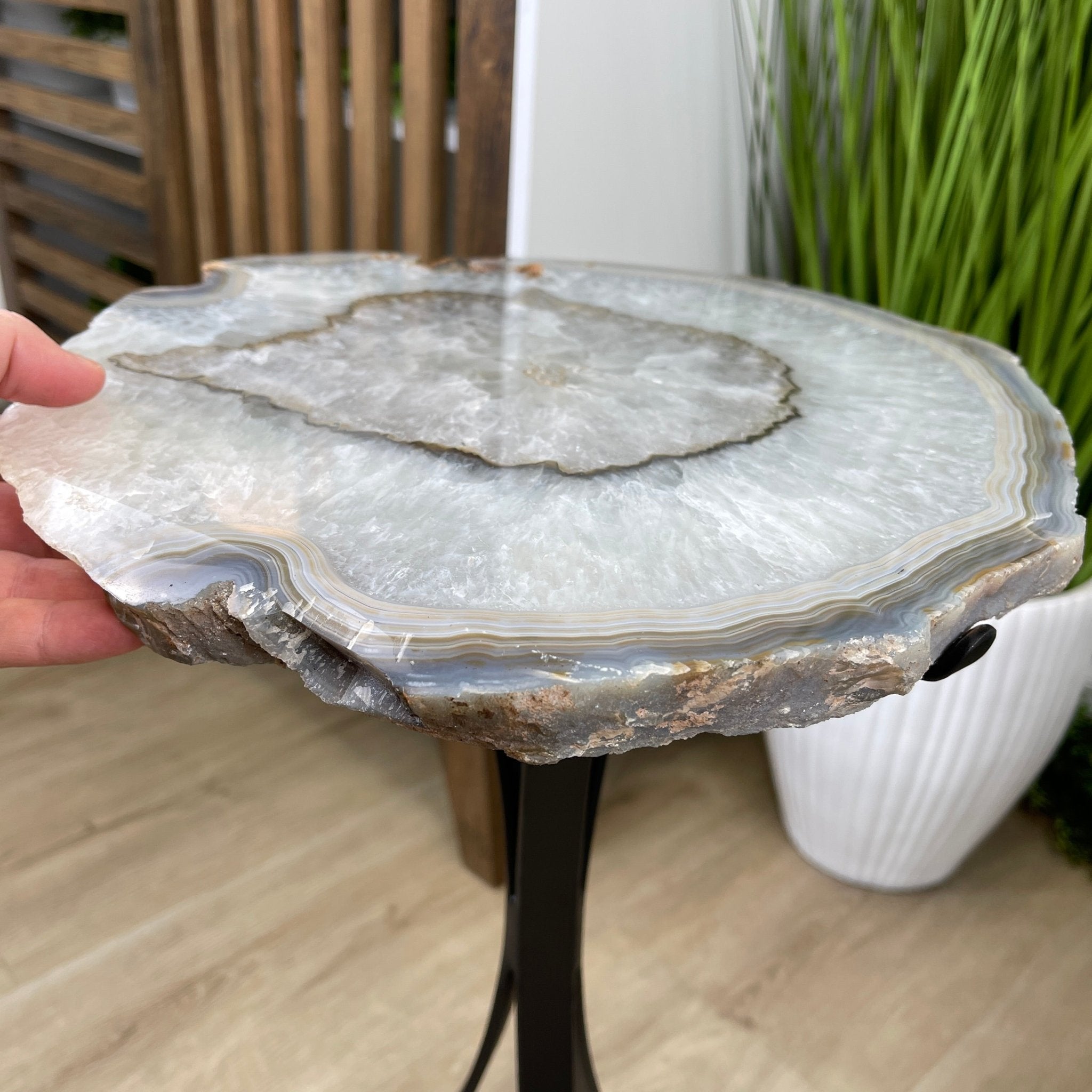 Natural Brazilian Agate Side Table, single slice on a black metal base, 22.25" tall #1305-0129 by Brazil Gems - Brazil GemsBrazil GemsNatural Brazilian Agate Side Table, single slice on a black metal base, 22.25" tall #1305-0129 by Brazil GemsTables: Side1305-0129
