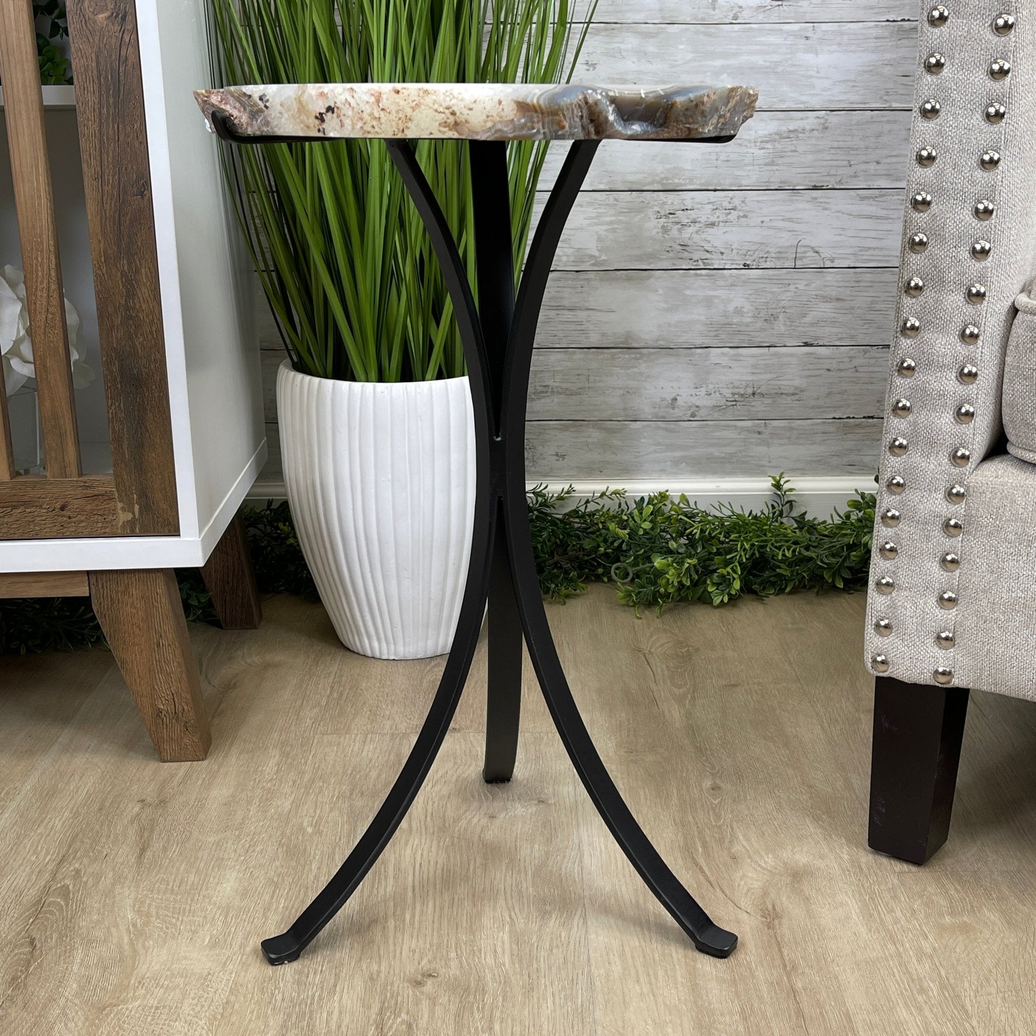 Natural Brazilian Agate Side Table, single slice on a black metal base, 22.25" tall #1305-0129 by Brazil Gems - Brazil GemsBrazil GemsNatural Brazilian Agate Side Table, single slice on a black metal base, 22.25" tall #1305-0129 by Brazil GemsTables: Side1305-0129