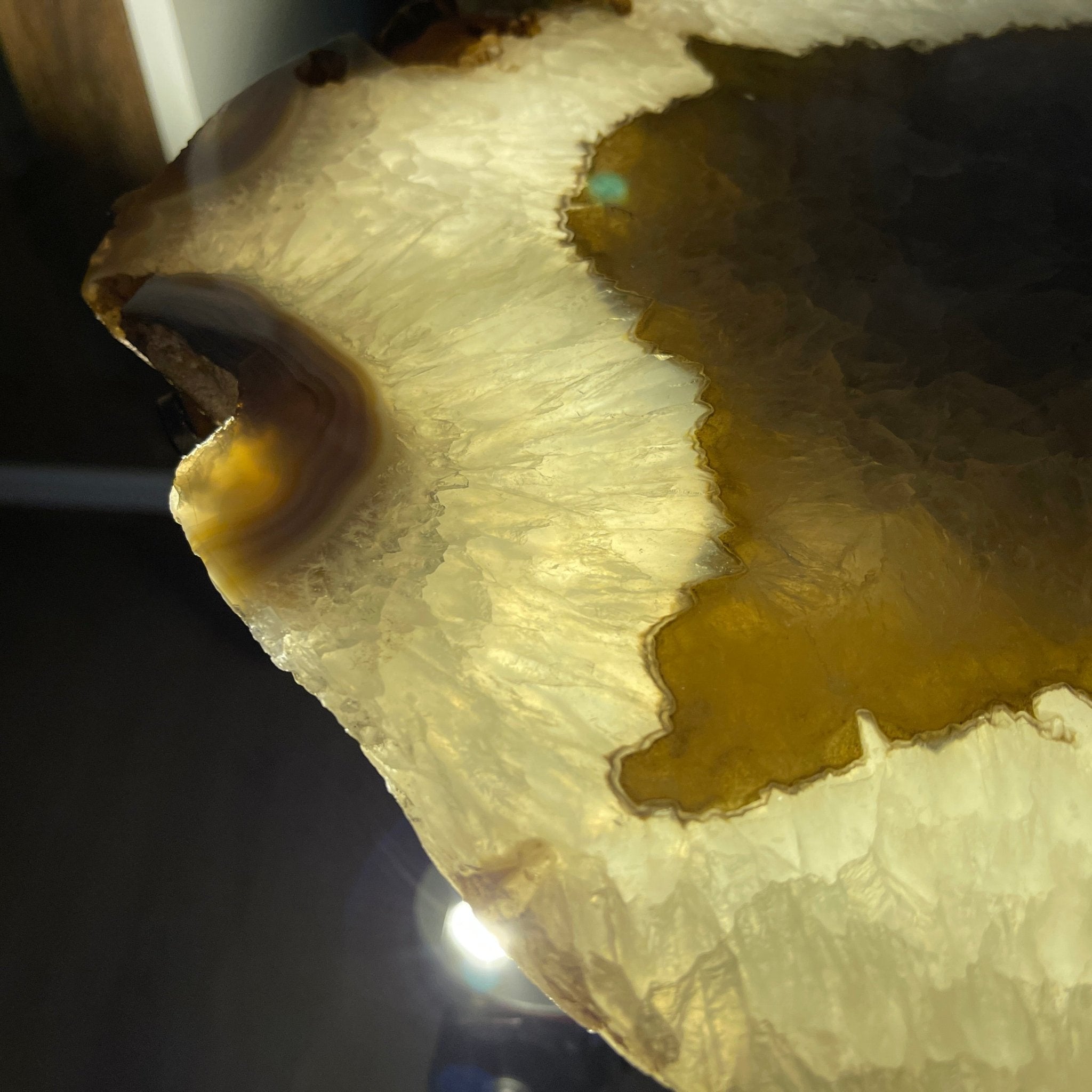 Natural Brazilian Agate Side Table, single slice on a black metal base, 22.25" tall #1305-0129 by Brazil Gems - Brazil GemsBrazil GemsNatural Brazilian Agate Side Table, single slice on a black metal base, 22.25" tall #1305-0129 by Brazil GemsTables: Side1305-0129