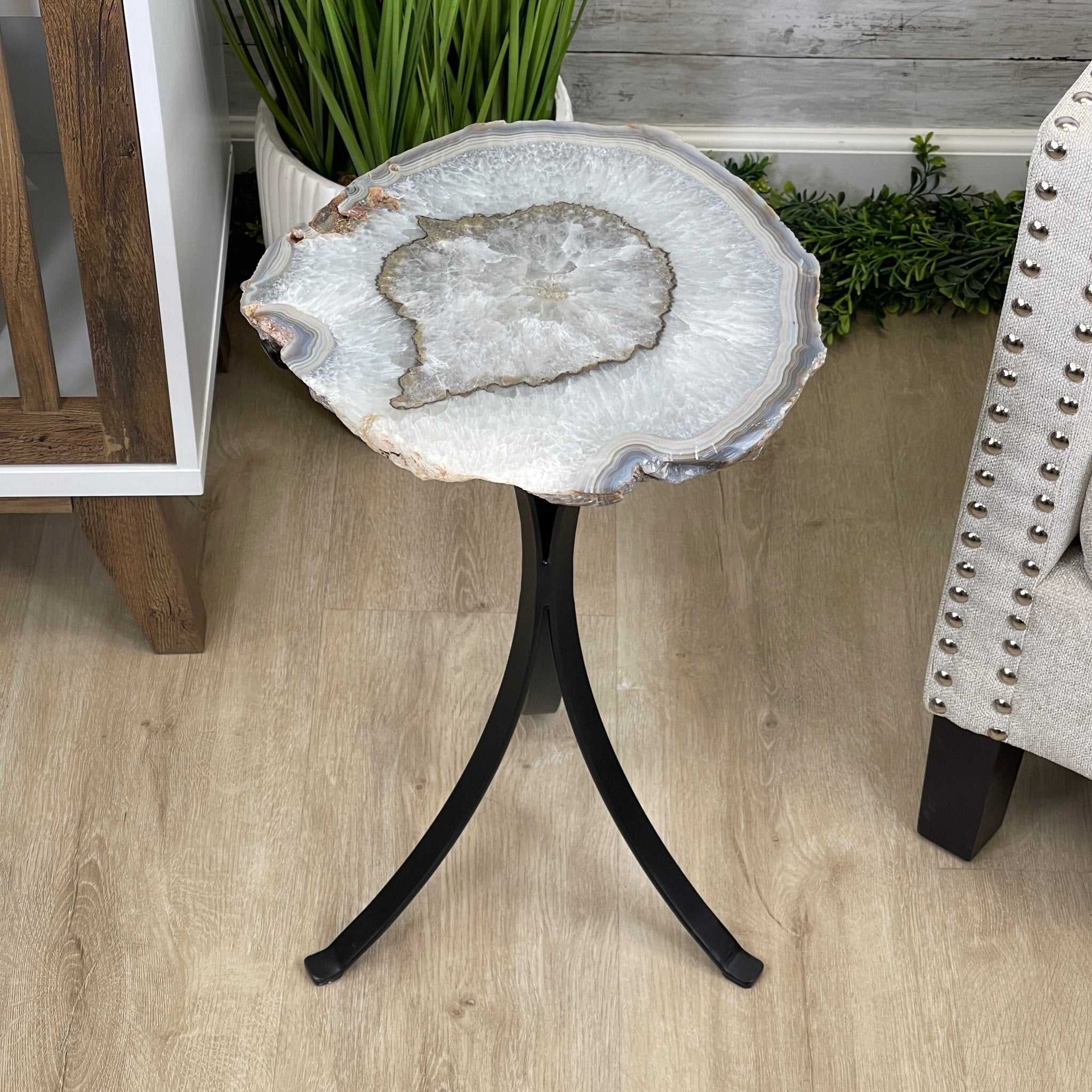 Natural Brazilian Agate Side Table, single slice on a black metal base, 22.25" tall #1305-0129 by Brazil Gems - Brazil GemsBrazil GemsNatural Brazilian Agate Side Table, single slice on a black metal base, 22.25" tall #1305-0129 by Brazil GemsTables: Side1305-0129