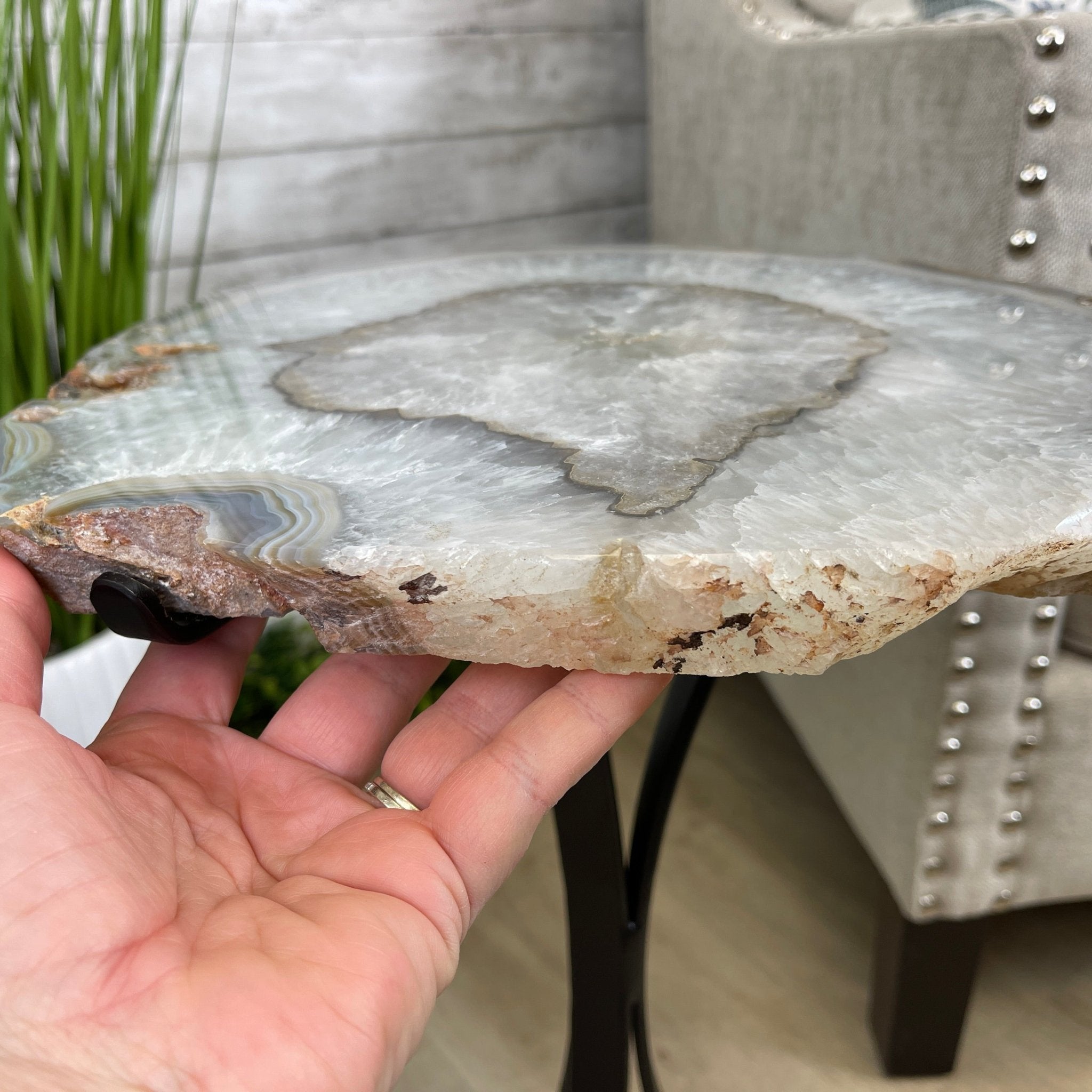 Natural Brazilian Agate Side Table, single slice on a black metal base, 22.25" tall #1305-0129 by Brazil Gems - Brazil GemsBrazil GemsNatural Brazilian Agate Side Table, single slice on a black metal base, 22.25" tall #1305-0129 by Brazil GemsTables: Side1305-0129