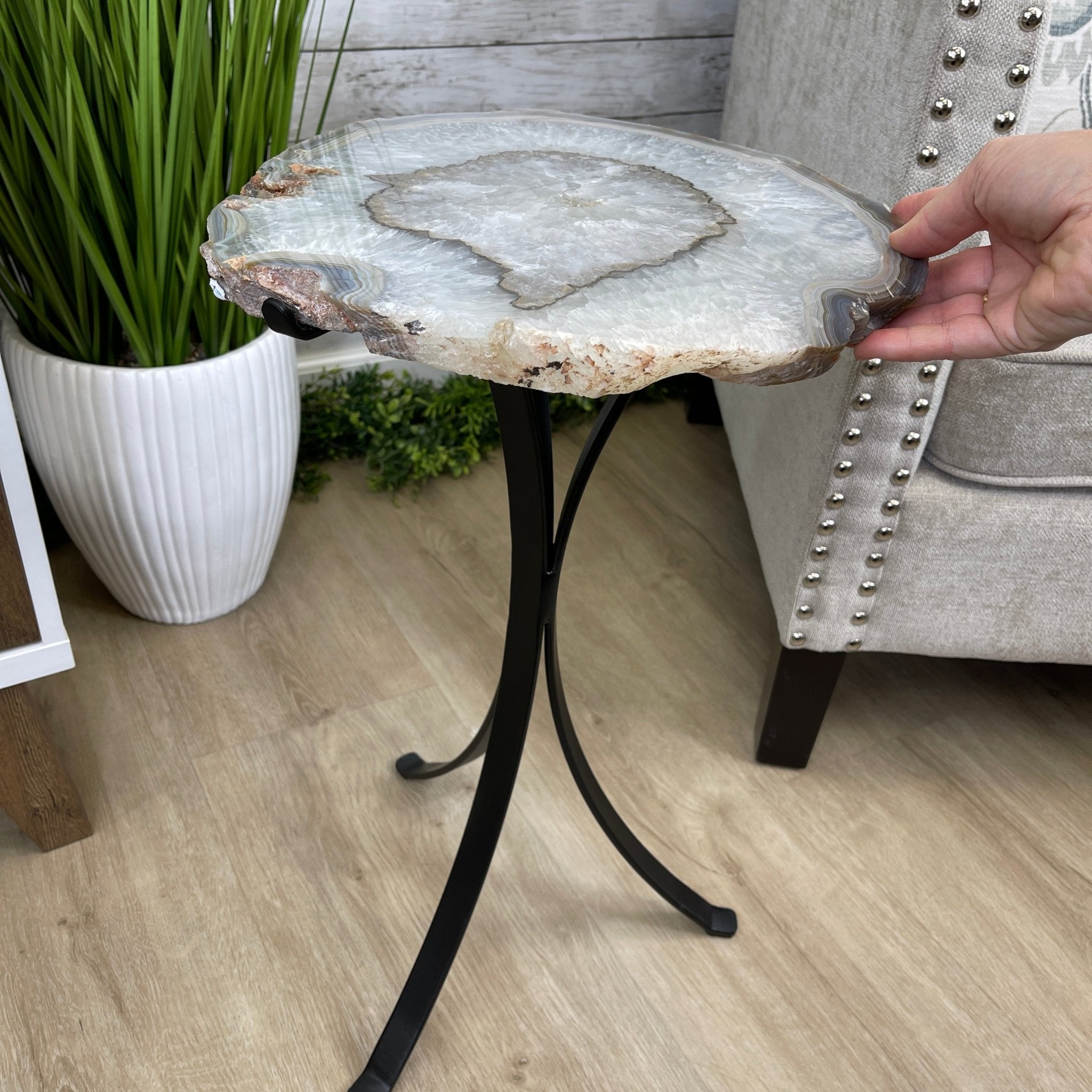 Natural Brazilian Agate Side Table, single slice on a black metal base, 22.25" tall #1305-0129 by Brazil Gems - Brazil GemsBrazil GemsNatural Brazilian Agate Side Table, single slice on a black metal base, 22.25" tall #1305-0129 by Brazil GemsTables: Side1305-0129