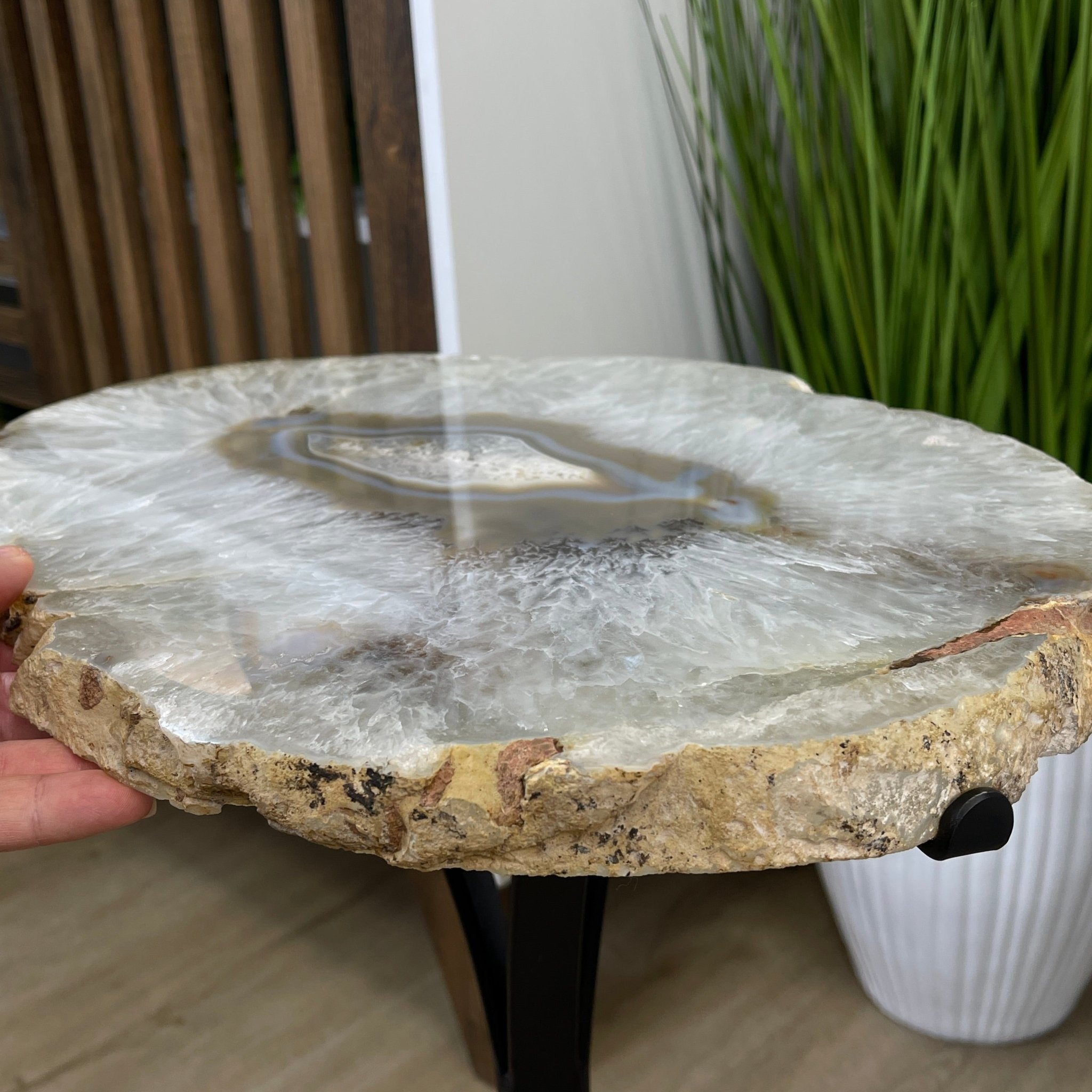 Natural Brazilian Agate Side Table, single slice on a black metal base, 22.25" tall #1305-0130 by Brazil Gems - Brazil GemsBrazil GemsNatural Brazilian Agate Side Table, single slice on a black metal base, 22.25" tall #1305-0130 by Brazil GemsTables: Side1305-0130