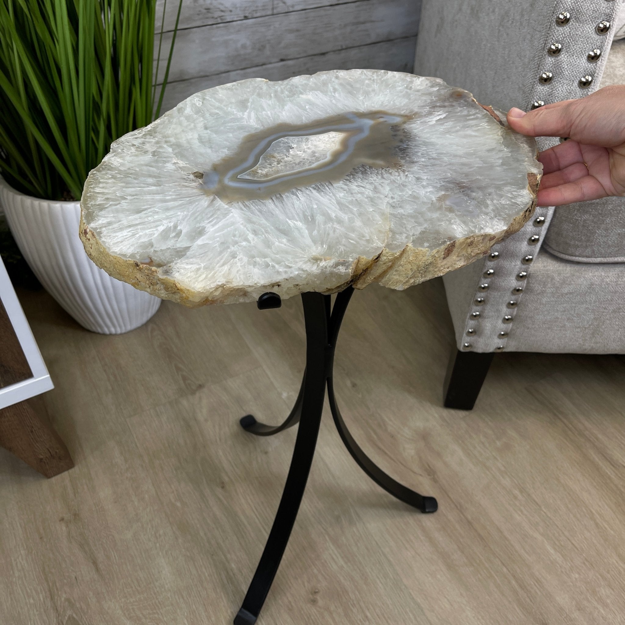 Natural Brazilian Agate Side Table, single slice on a black metal base, 22.25" tall #1305-0130 by Brazil Gems - Brazil GemsBrazil GemsNatural Brazilian Agate Side Table, single slice on a black metal base, 22.25" tall #1305-0130 by Brazil GemsTables: Side1305-0130