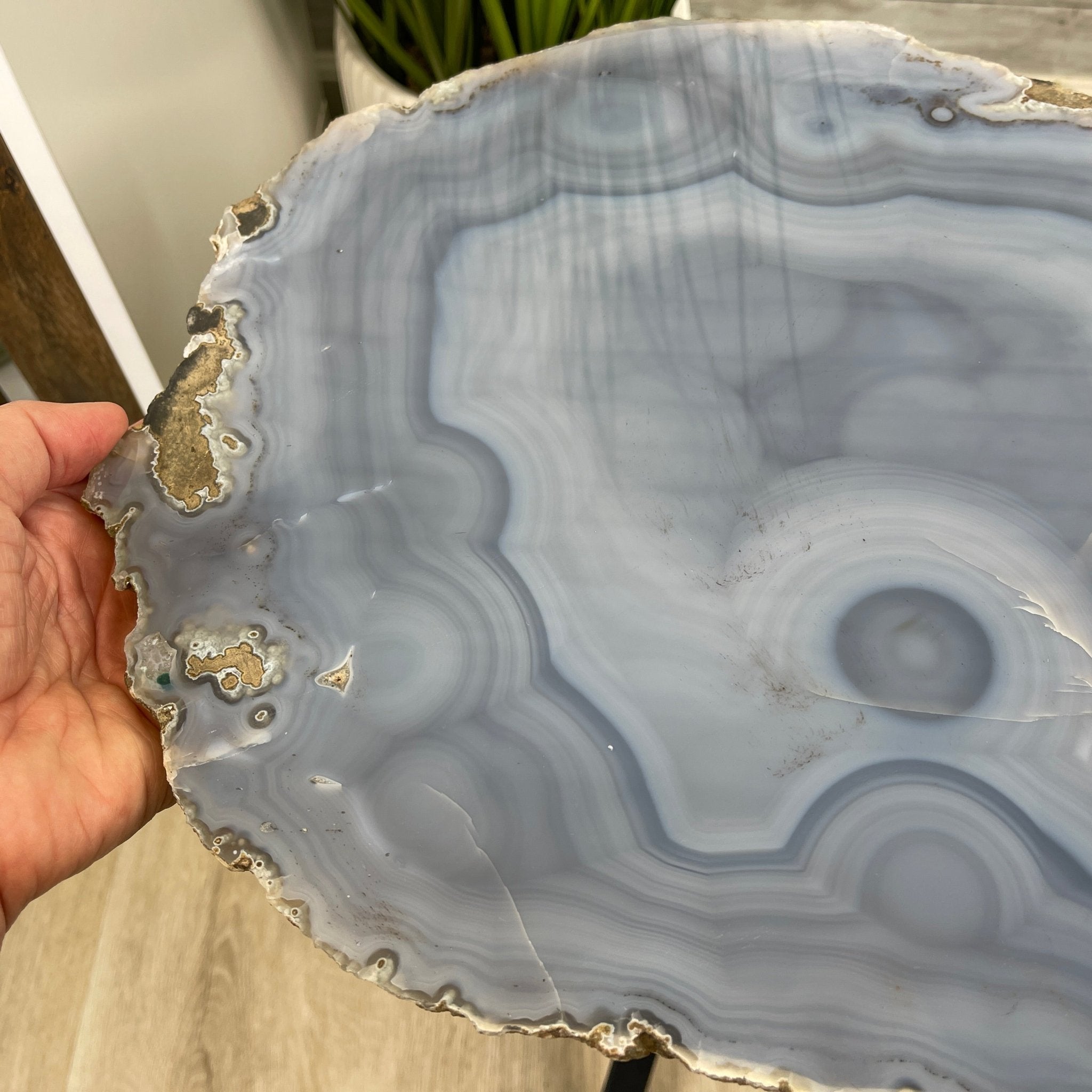 Natural Brazilian Agate Side Table, single slice on a black metal base, 22.25" tall #1305-0147 by Brazil Gems - Brazil GemsBrazil GemsNatural Brazilian Agate Side Table, single slice on a black metal base, 22.25" tall #1305-0147 by Brazil GemsTables: Side1305-0147
