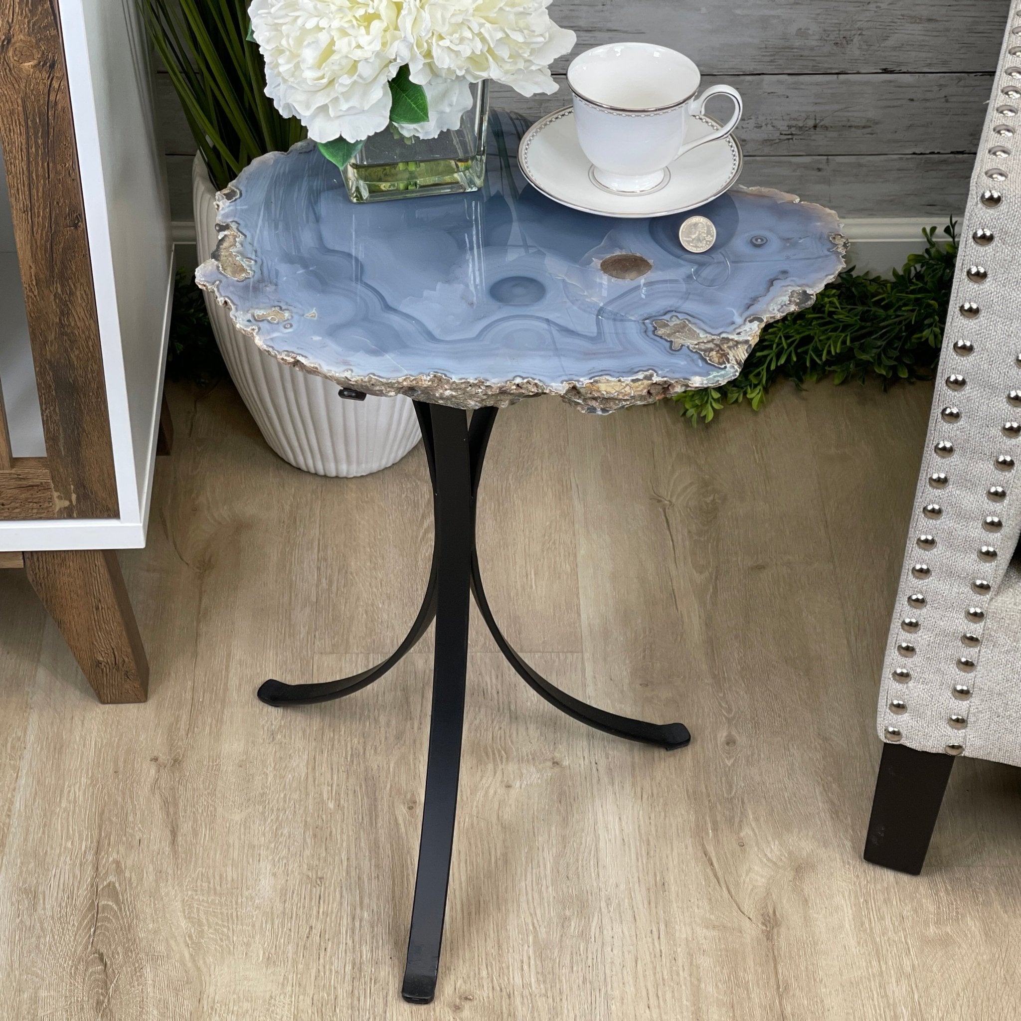 Natural Brazilian Agate Side Table, single slice on a black metal base, 22.25" tall #1305-0147 by Brazil Gems - Brazil GemsBrazil GemsNatural Brazilian Agate Side Table, single slice on a black metal base, 22.25" tall #1305-0147 by Brazil GemsTables: Side1305-0147