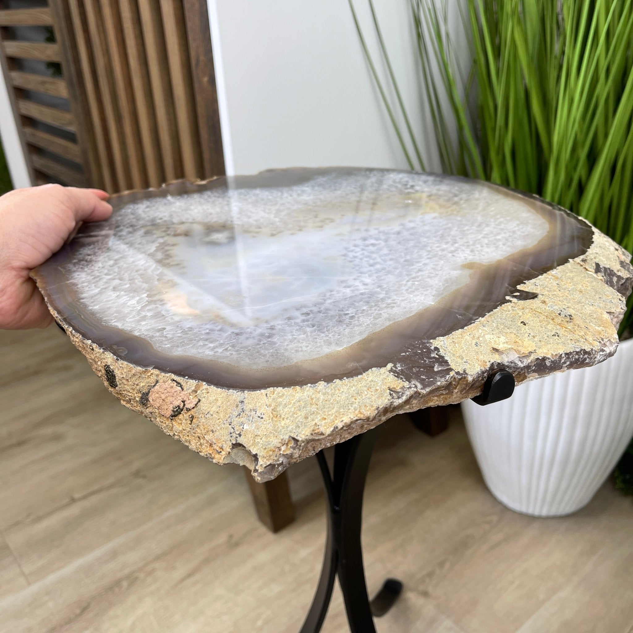 Natural Brazilian Agate Side Table, single slice on a black metal base, 22.5" tall #1305-0138 by Brazil Gems - Brazil GemsBrazil GemsNatural Brazilian Agate Side Table, single slice on a black metal base, 22.5" tall #1305-0138 by Brazil GemsTables: Side1305-0138