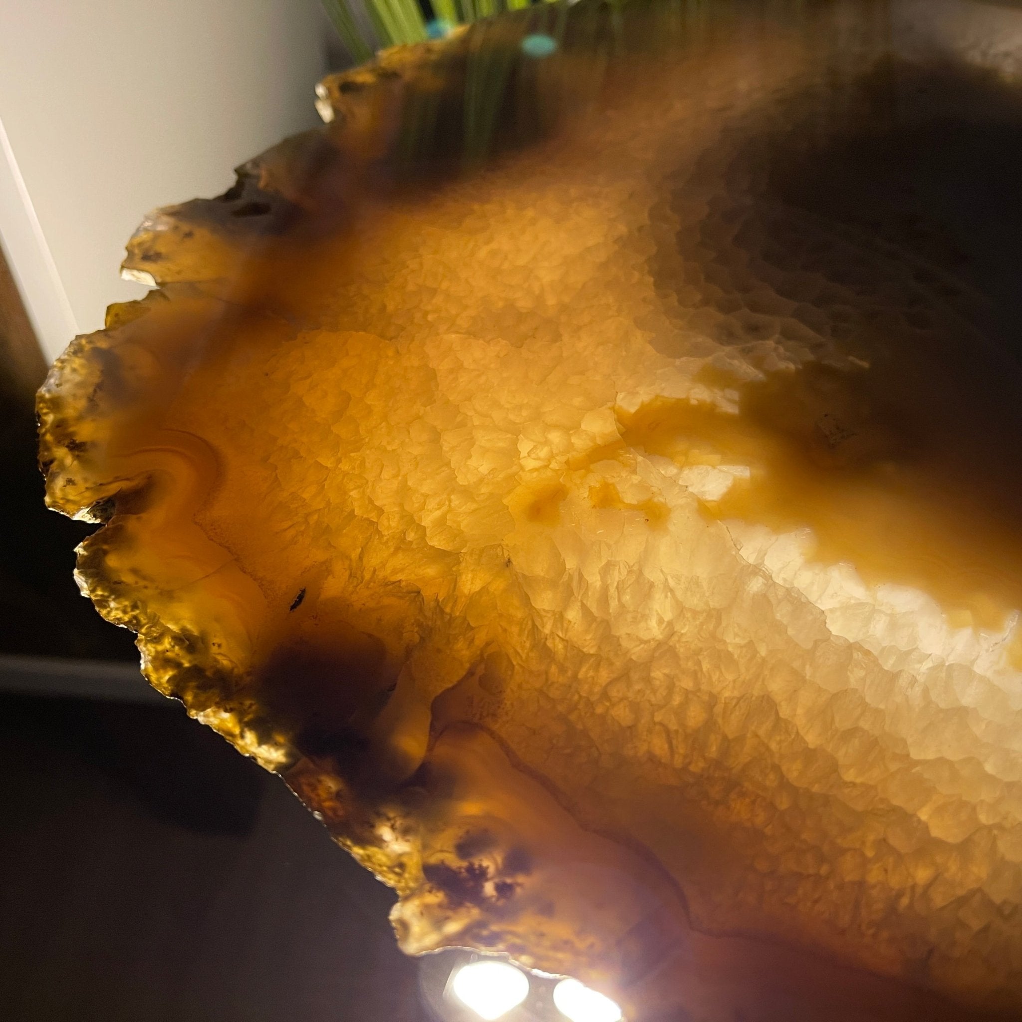 Natural Brazilian Agate Side Table, single slice on a black metal base, 22.5" tall #1305-0138 by Brazil Gems - Brazil GemsBrazil GemsNatural Brazilian Agate Side Table, single slice on a black metal base, 22.5" tall #1305-0138 by Brazil GemsTables: Side1305-0138