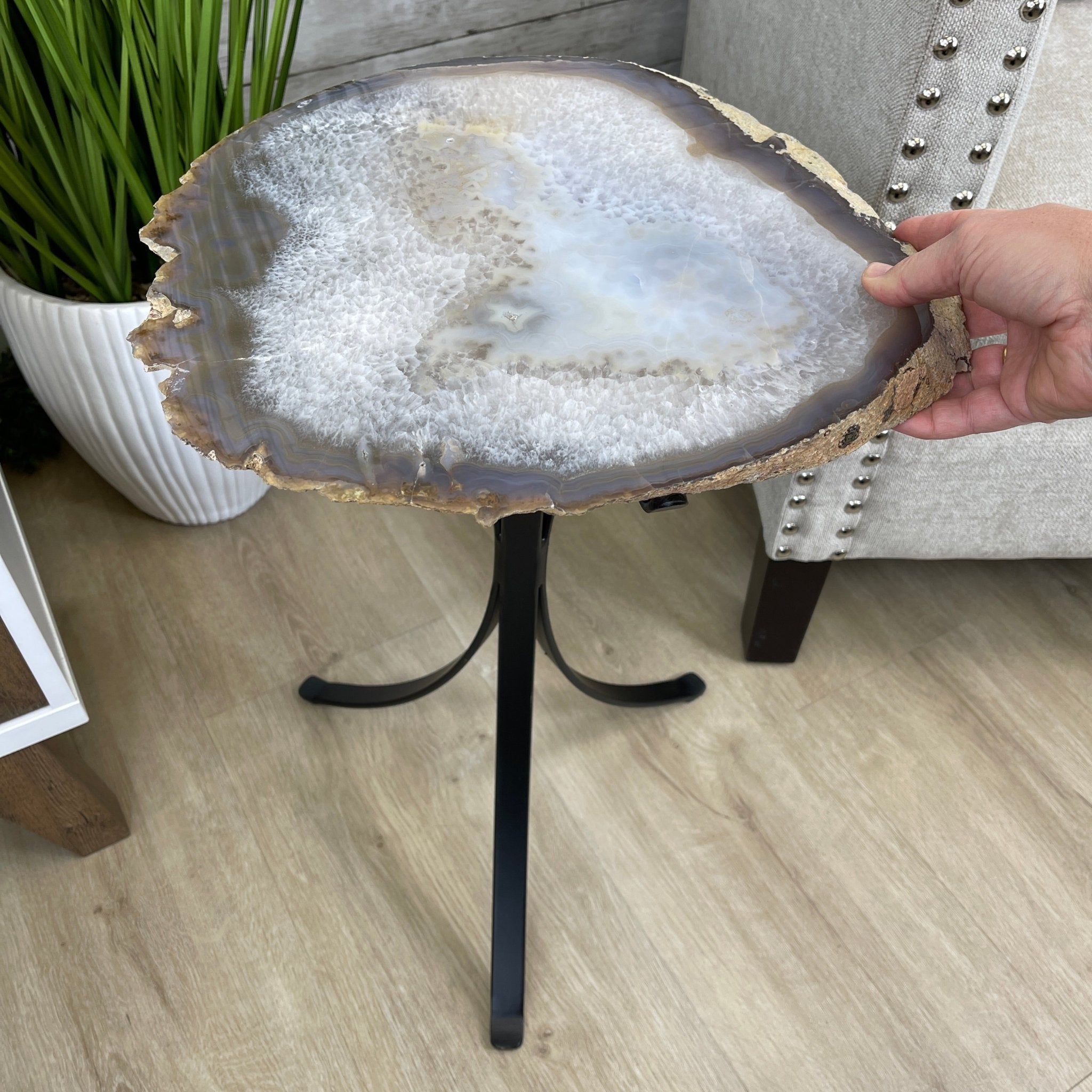Natural Brazilian Agate Side Table, single slice on a black metal base, 22.5" tall #1305-0138 by Brazil Gems - Brazil GemsBrazil GemsNatural Brazilian Agate Side Table, single slice on a black metal base, 22.5" tall #1305-0138 by Brazil GemsTables: Side1305-0138