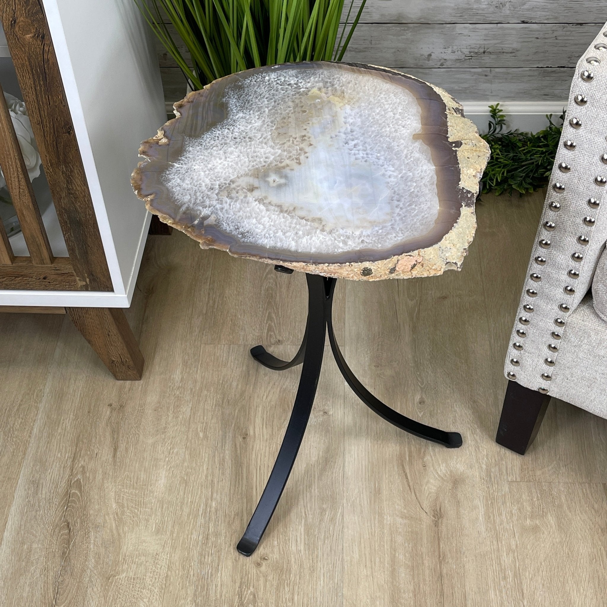 Natural Brazilian Agate Side Table, single slice on a black metal base, 22.5" tall #1305-0138 by Brazil Gems - Brazil GemsBrazil GemsNatural Brazilian Agate Side Table, single slice on a black metal base, 22.5" tall #1305-0138 by Brazil GemsTables: Side1305-0138